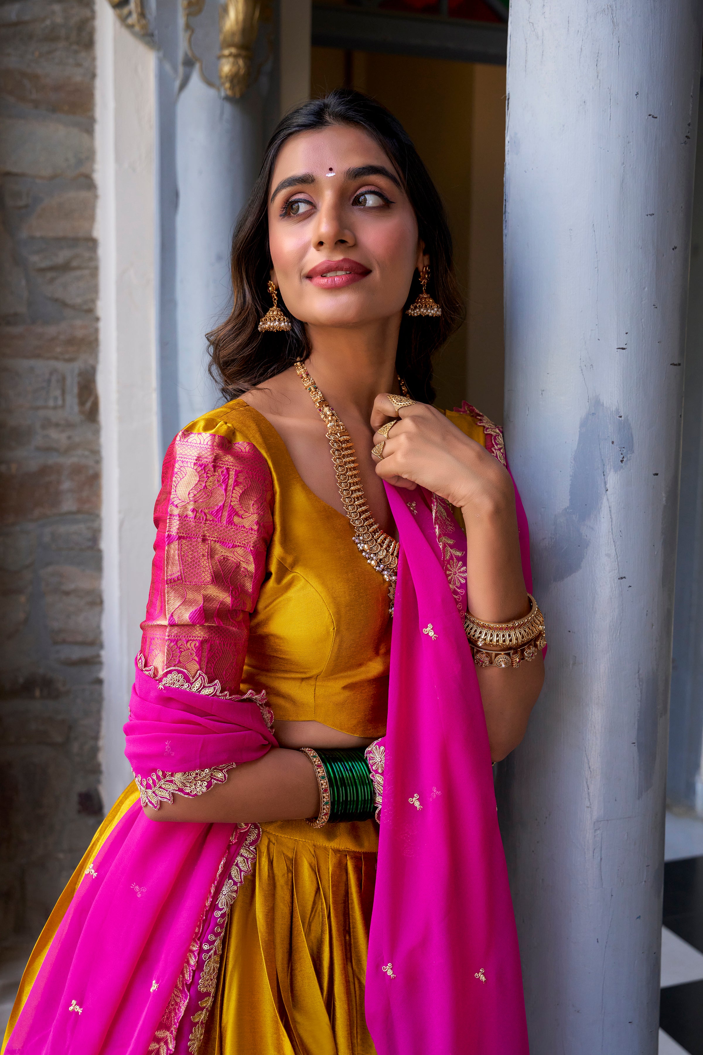 Narayan Pattu Lehenga with Zari Border and Embellished Dupatta