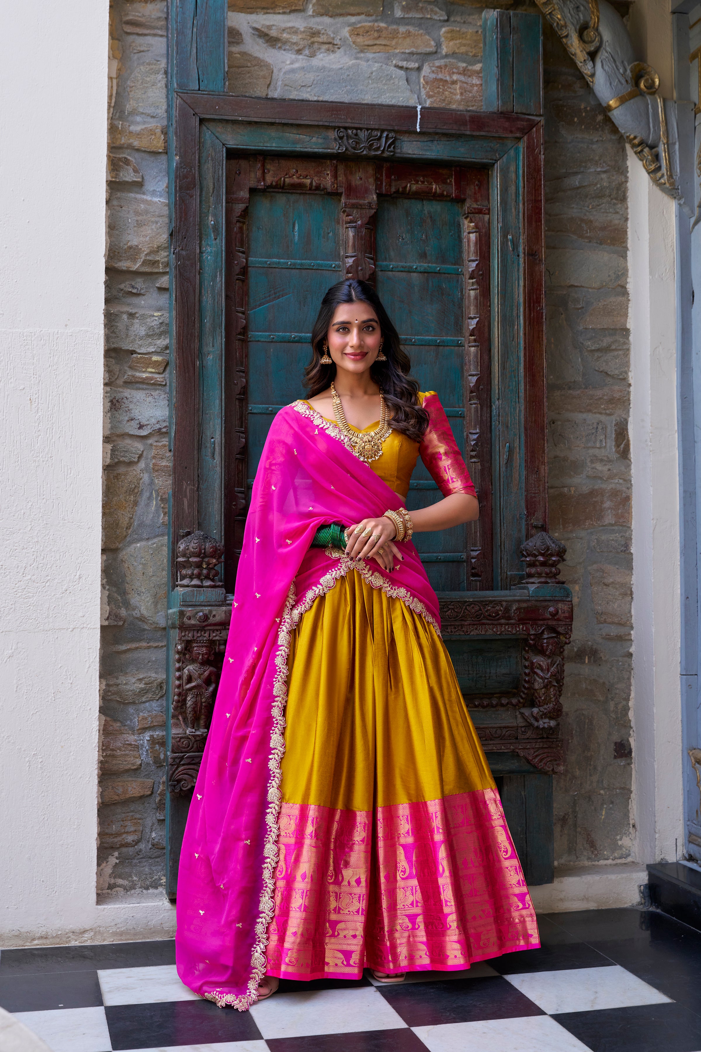 Narayan Pattu Lehenga with Zari Border and Embellished Dupatta