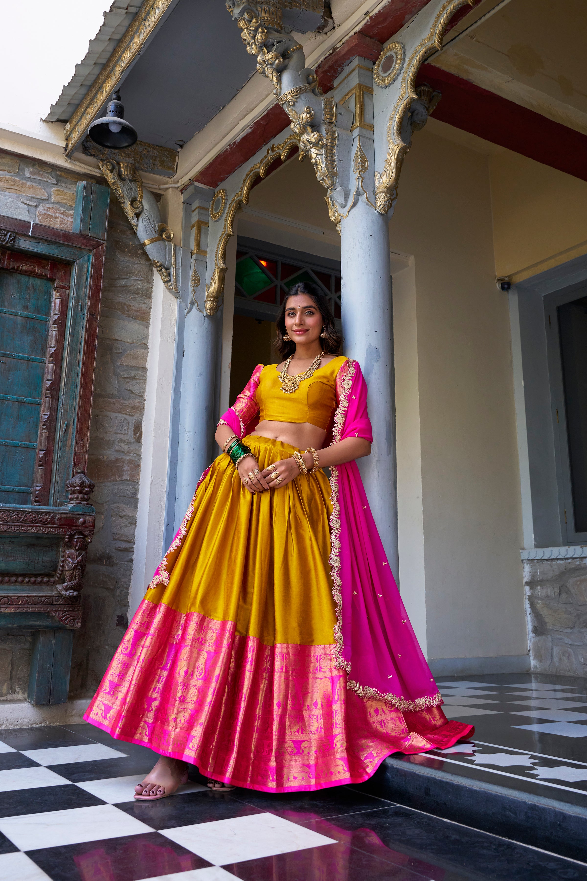 Narayan Pattu Lehenga with Zari Border and Embellished Dupatta