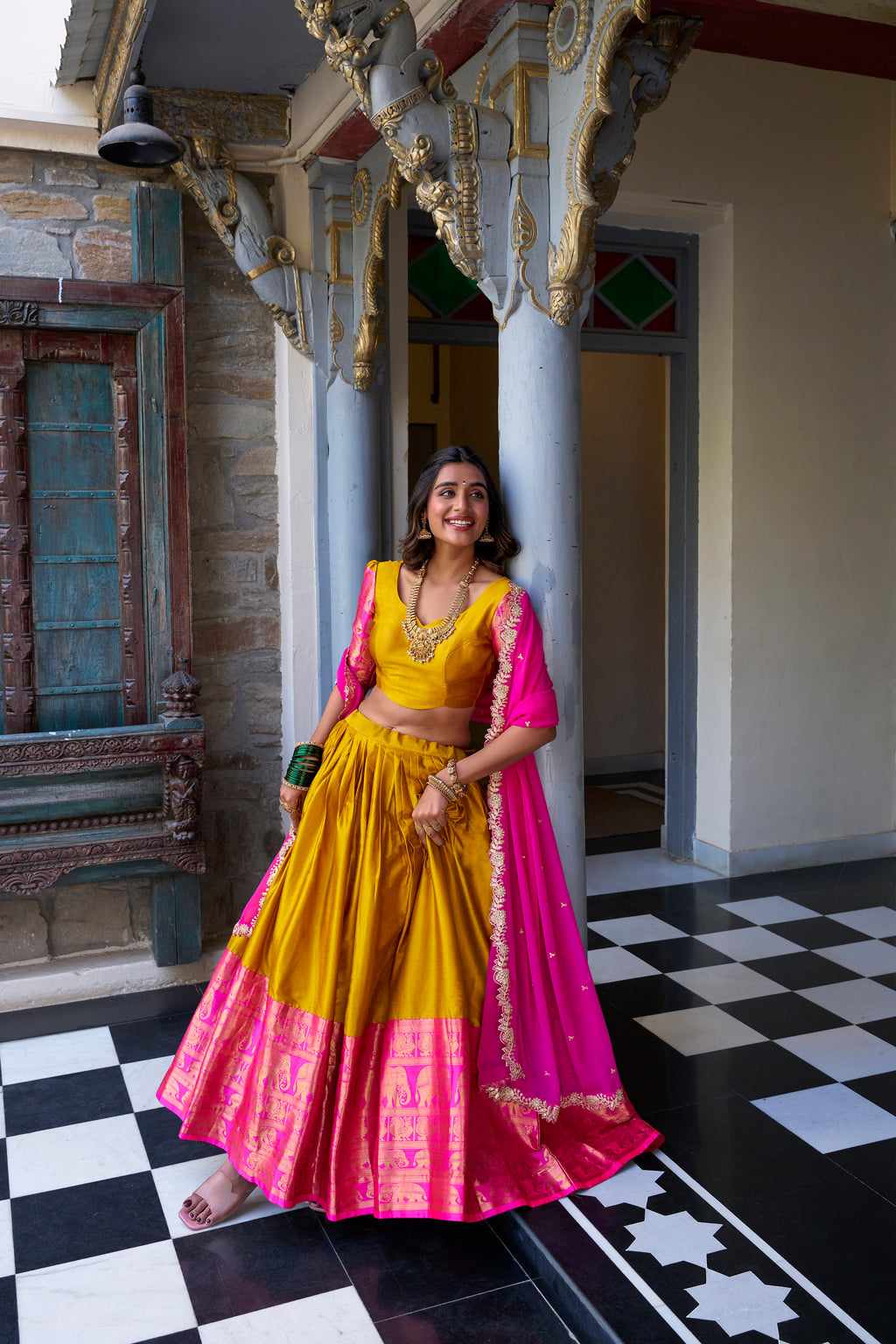 Narayan Pattu Lehenga with Zari Border and Embellished Dupatta