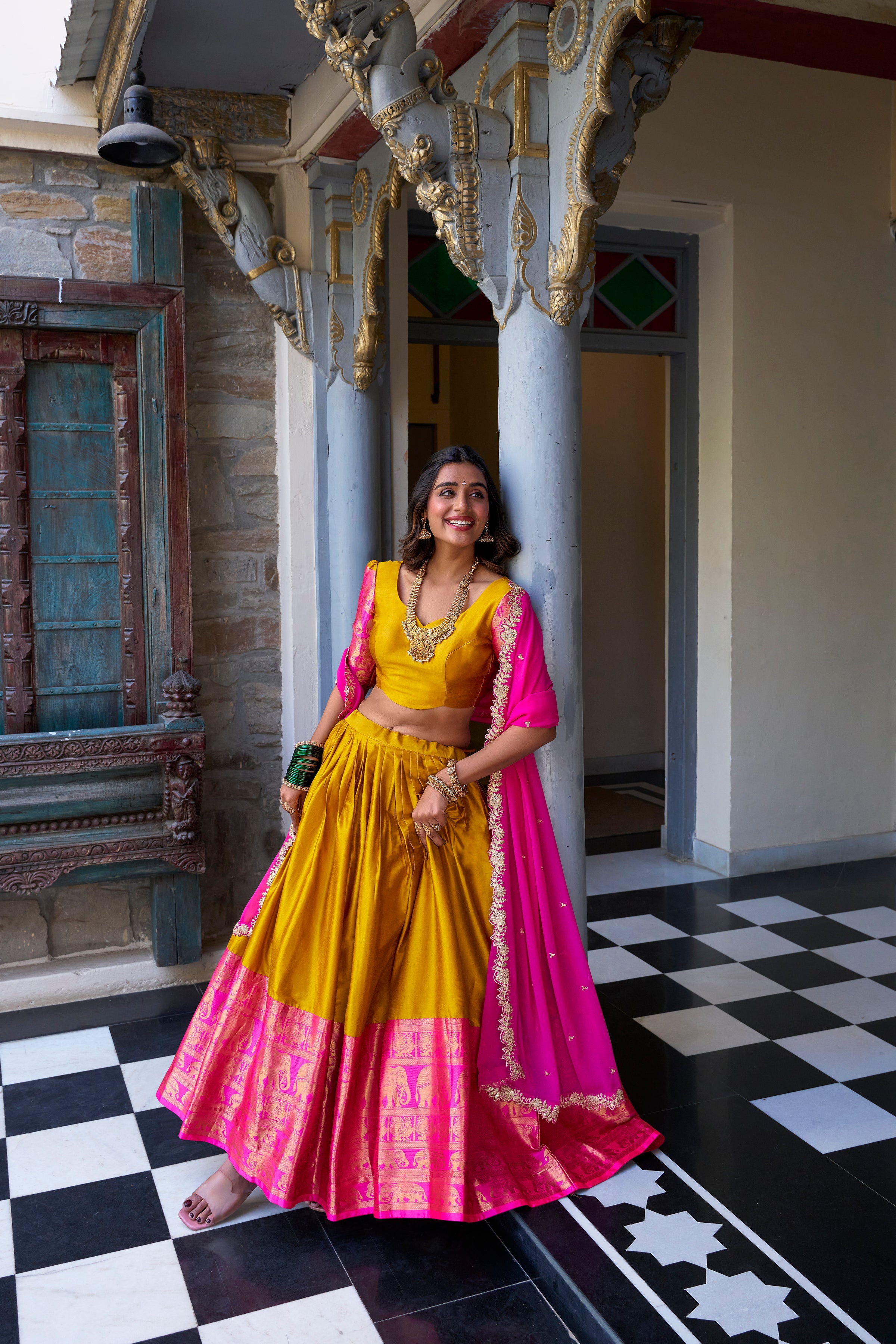 Narayan Pattu Lehenga with Zari Border and Embellished Dupatta