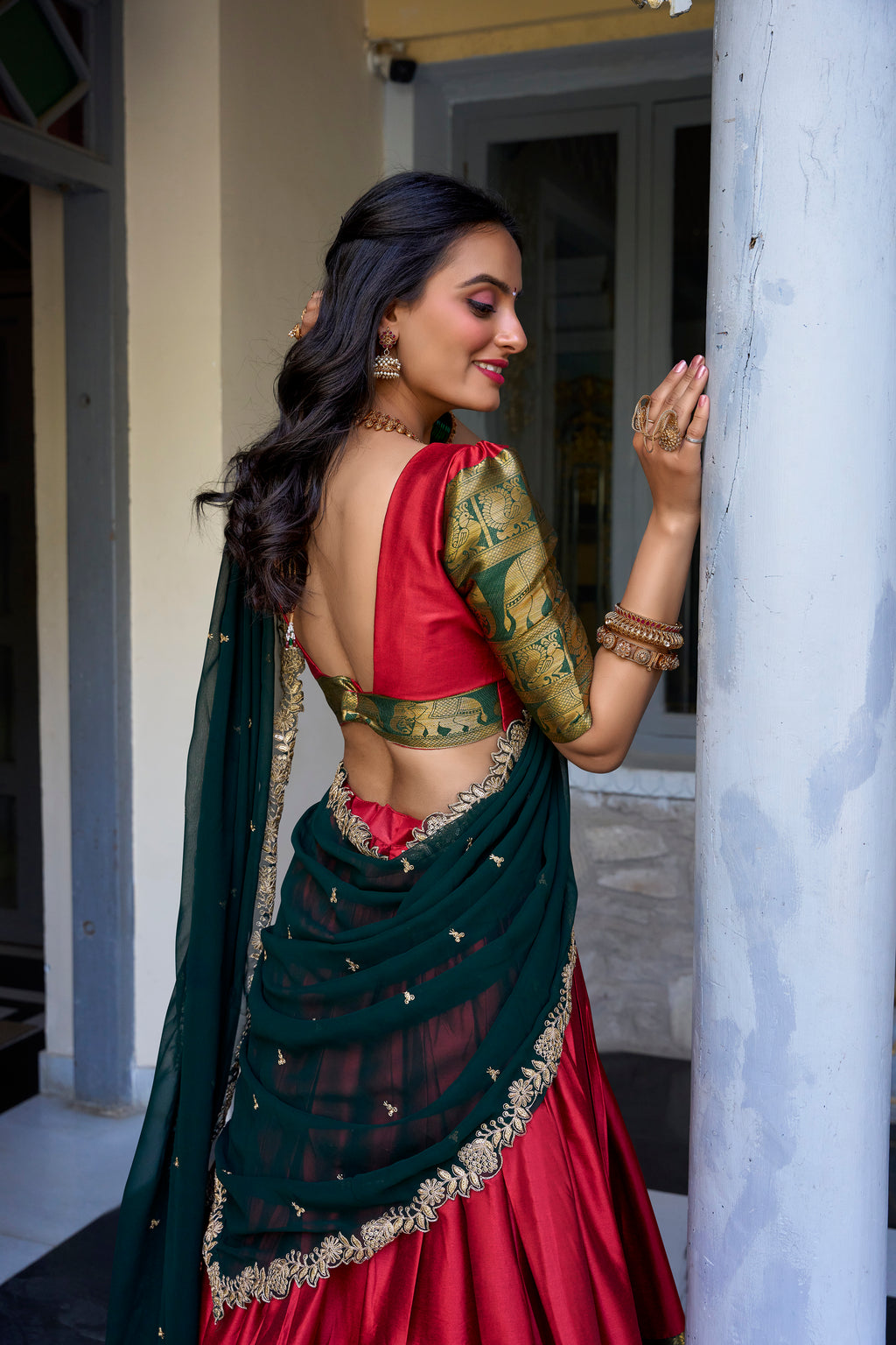 Narayan Pattu Lehenga with Zari Border and Embellished Dupatta