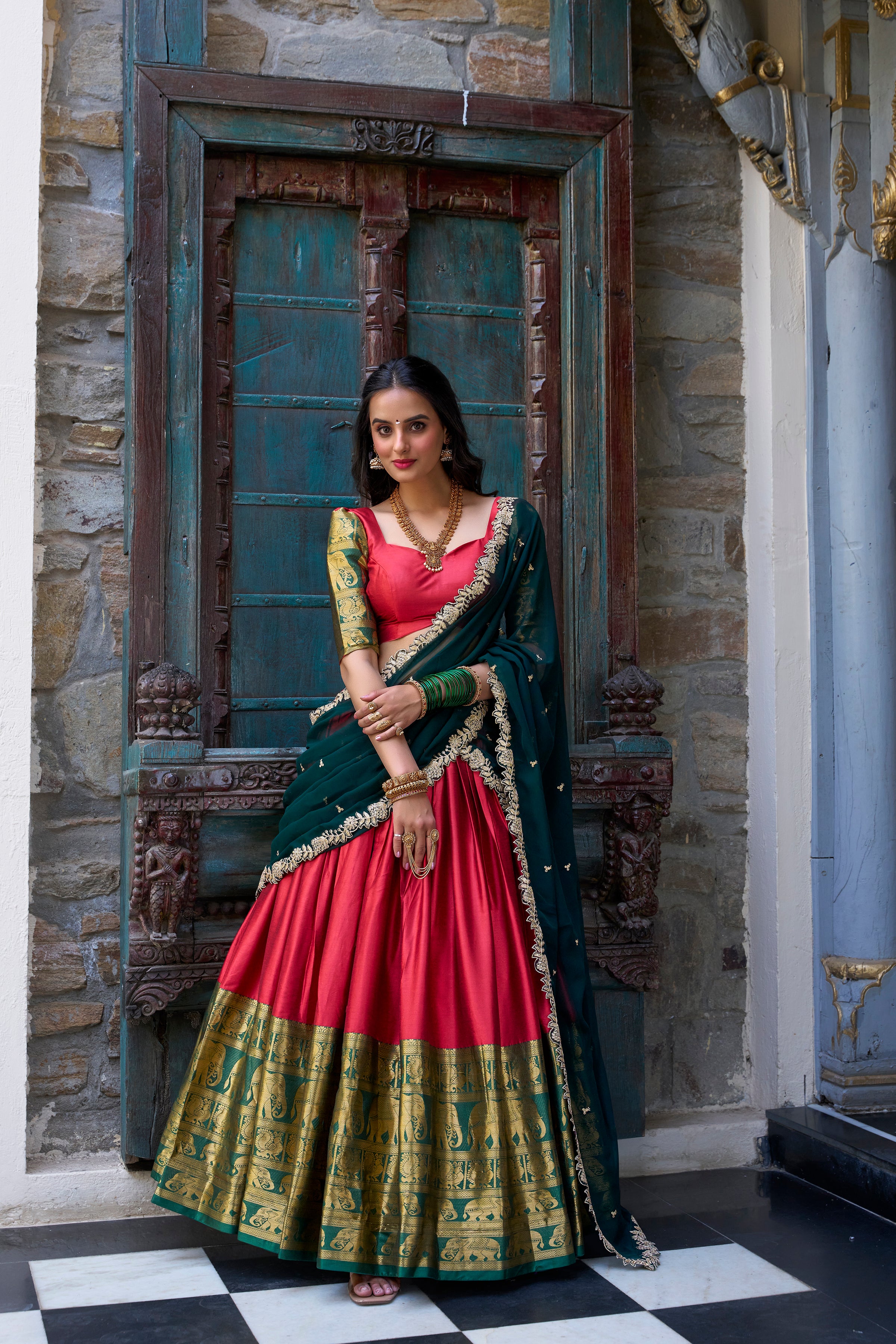 Narayan Pattu Lehenga with Zari Border and Embellished Dupatta