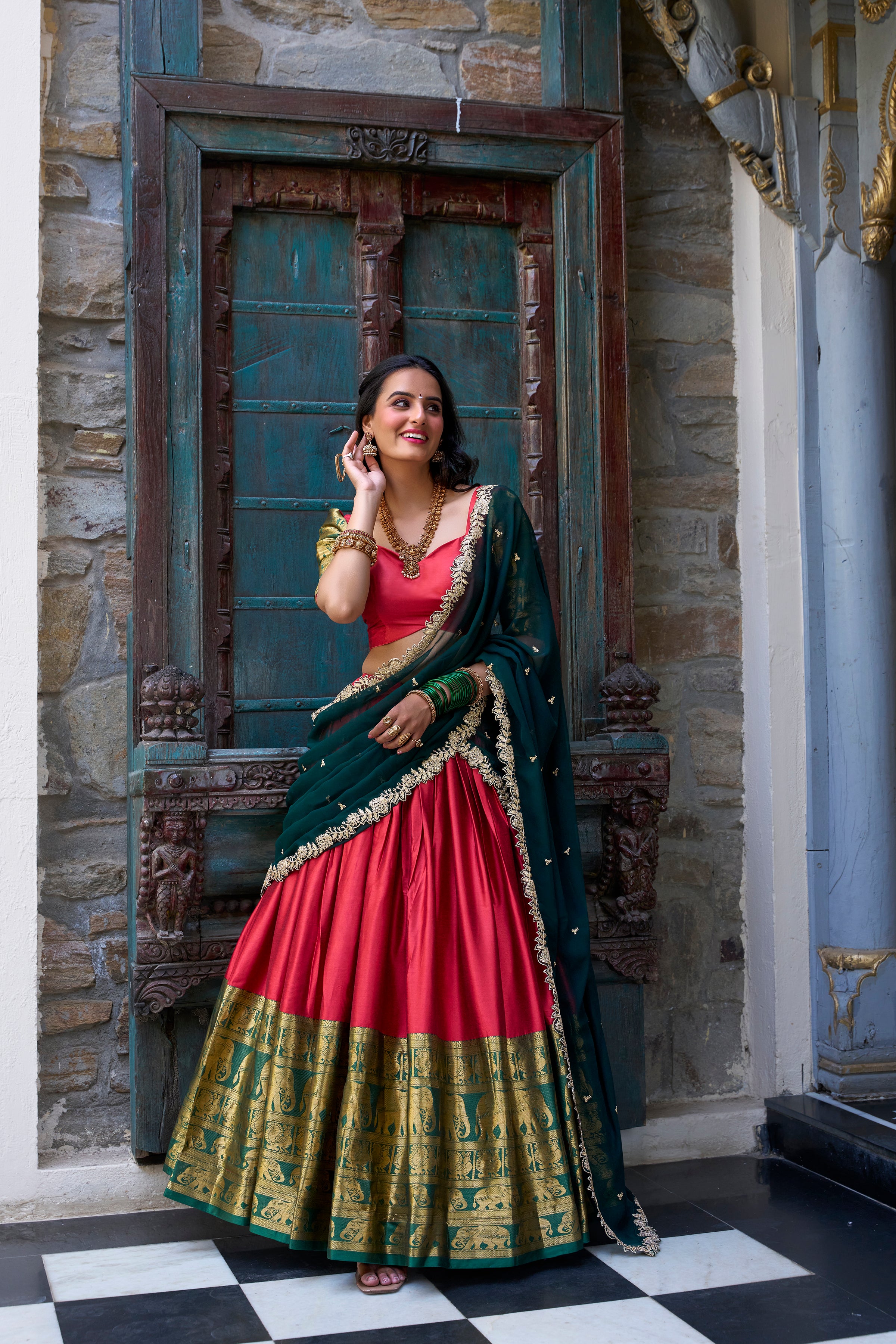 Narayan Pattu Lehenga with Zari Border and Embellished Dupatta
