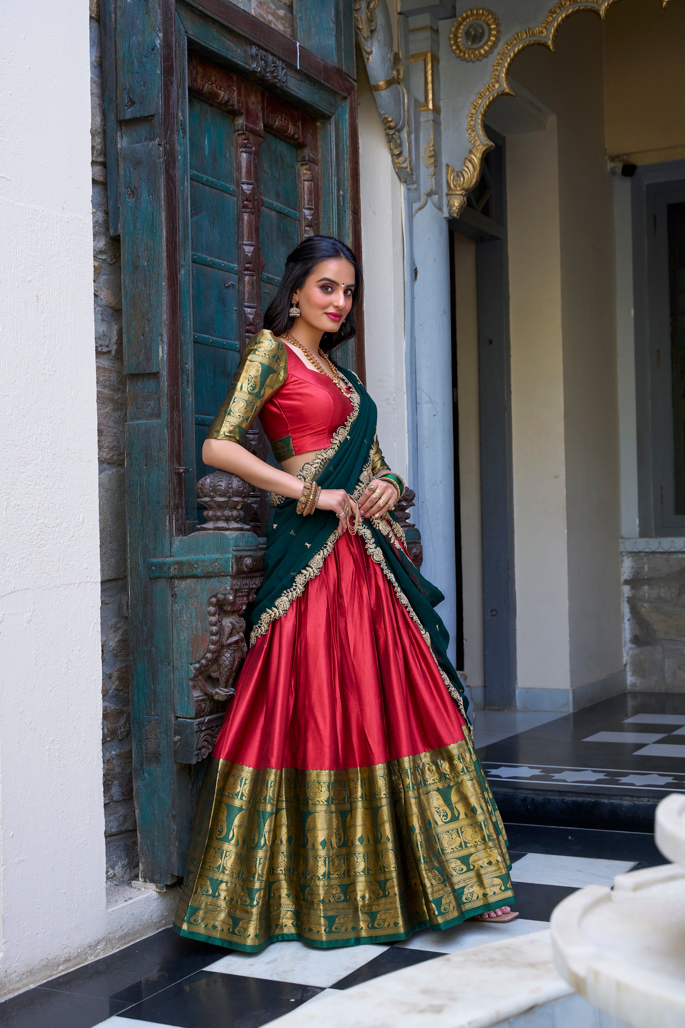 Narayan Pattu Lehenga with Zari Border and Embellished Dupatta