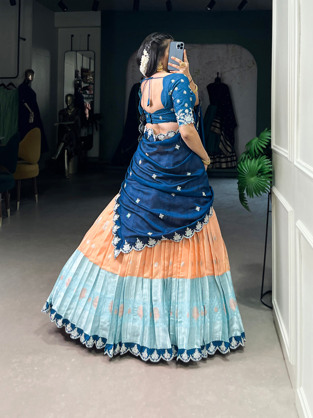 Zari Kota  Peach & Sky Blue Lehenga with Vichitra Silk Dupatta