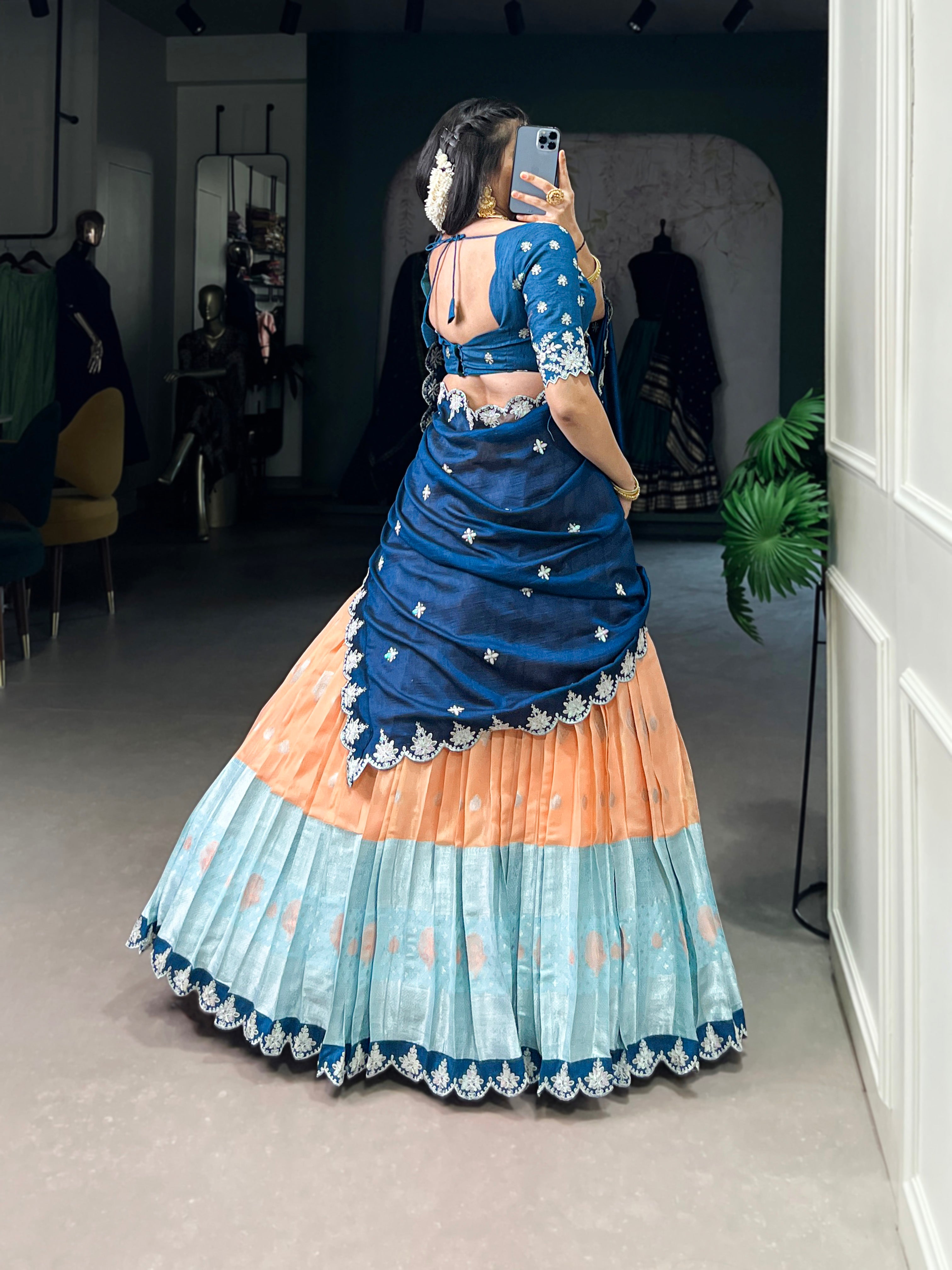 Zari Kota  Peach & Sky Blue Lehenga with Vichitra Silk Dupatta