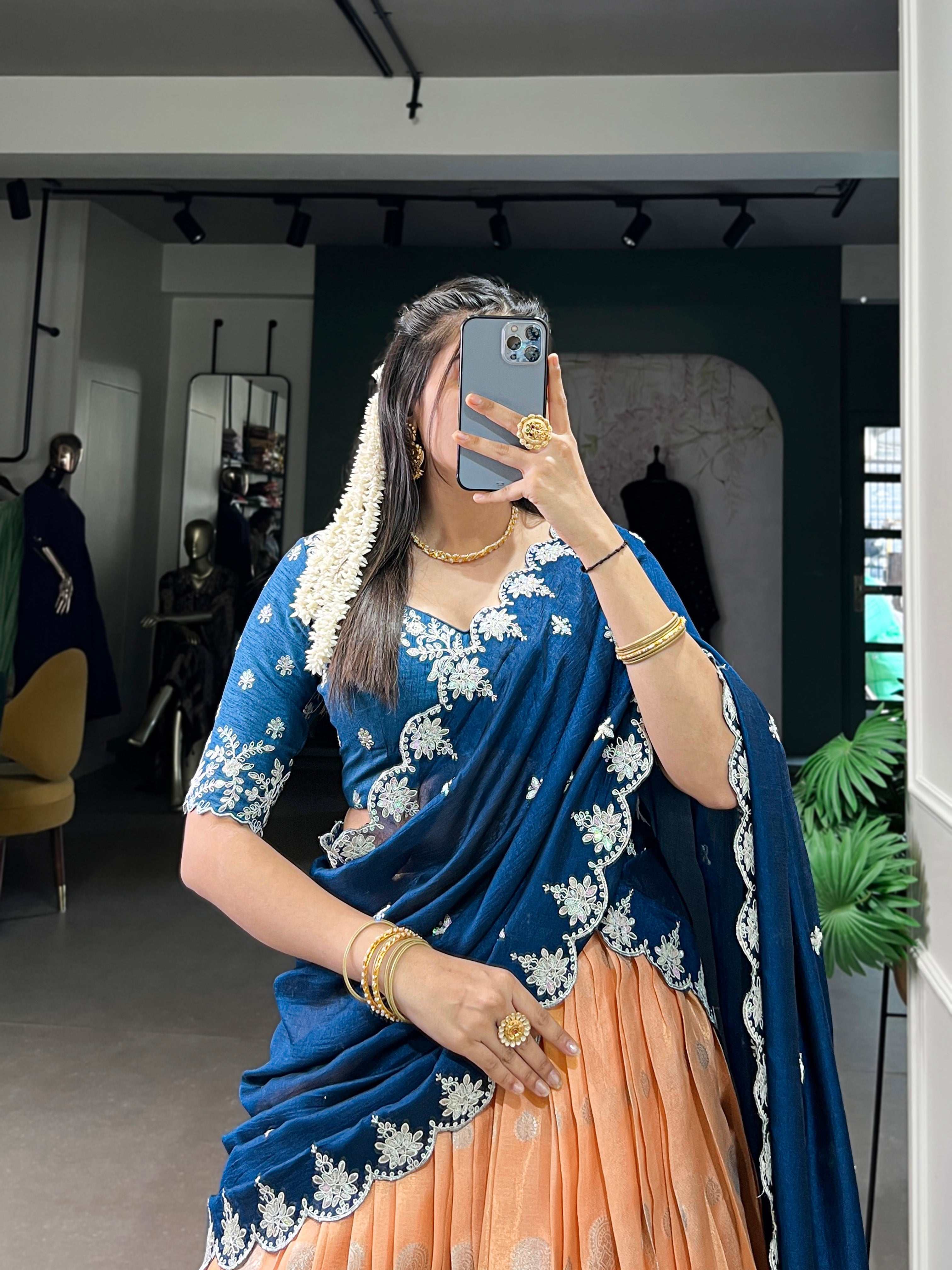 Zari Kota  Peach & Sky Blue Lehenga with Vichitra Silk Dupatta