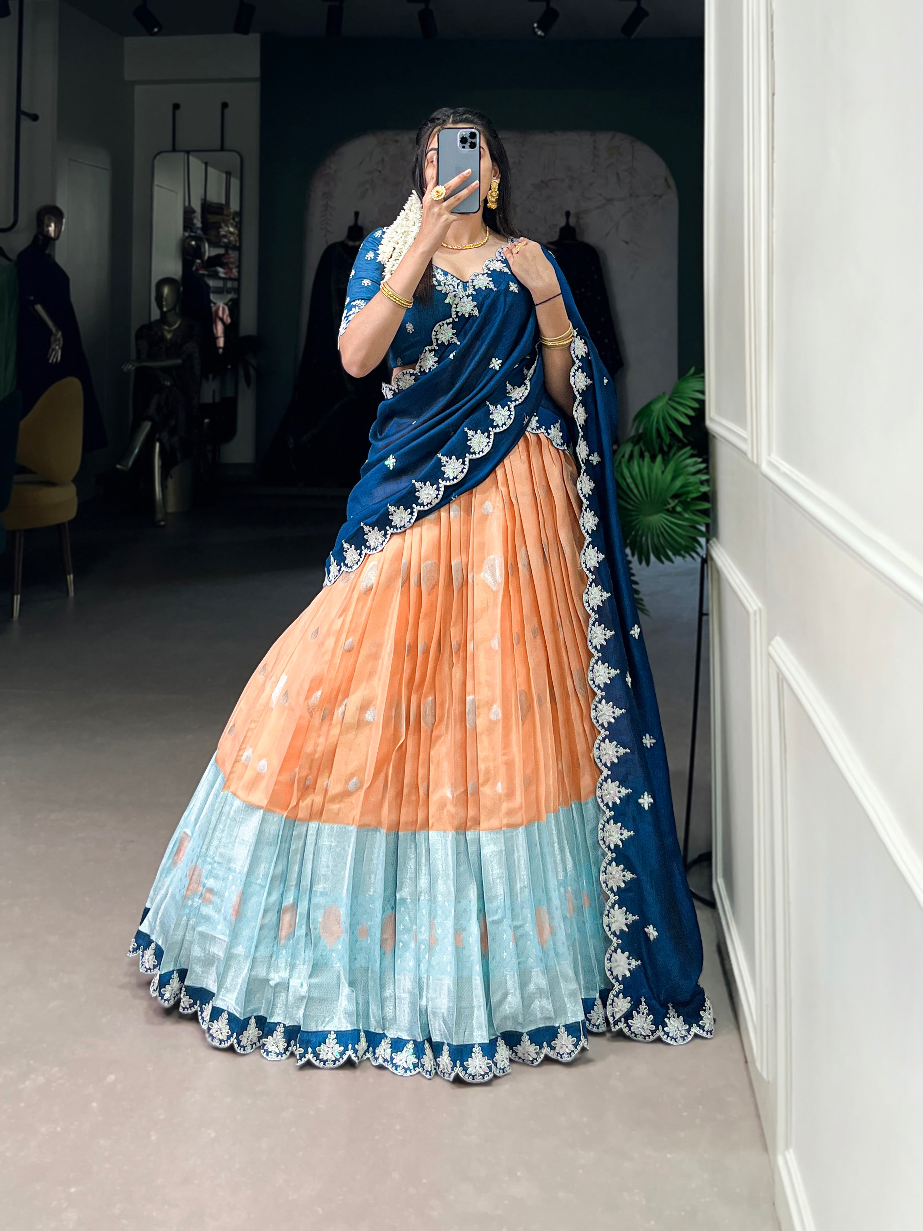 Zari Kota  Peach & Sky Blue Lehenga with Vichitra Silk Dupatta