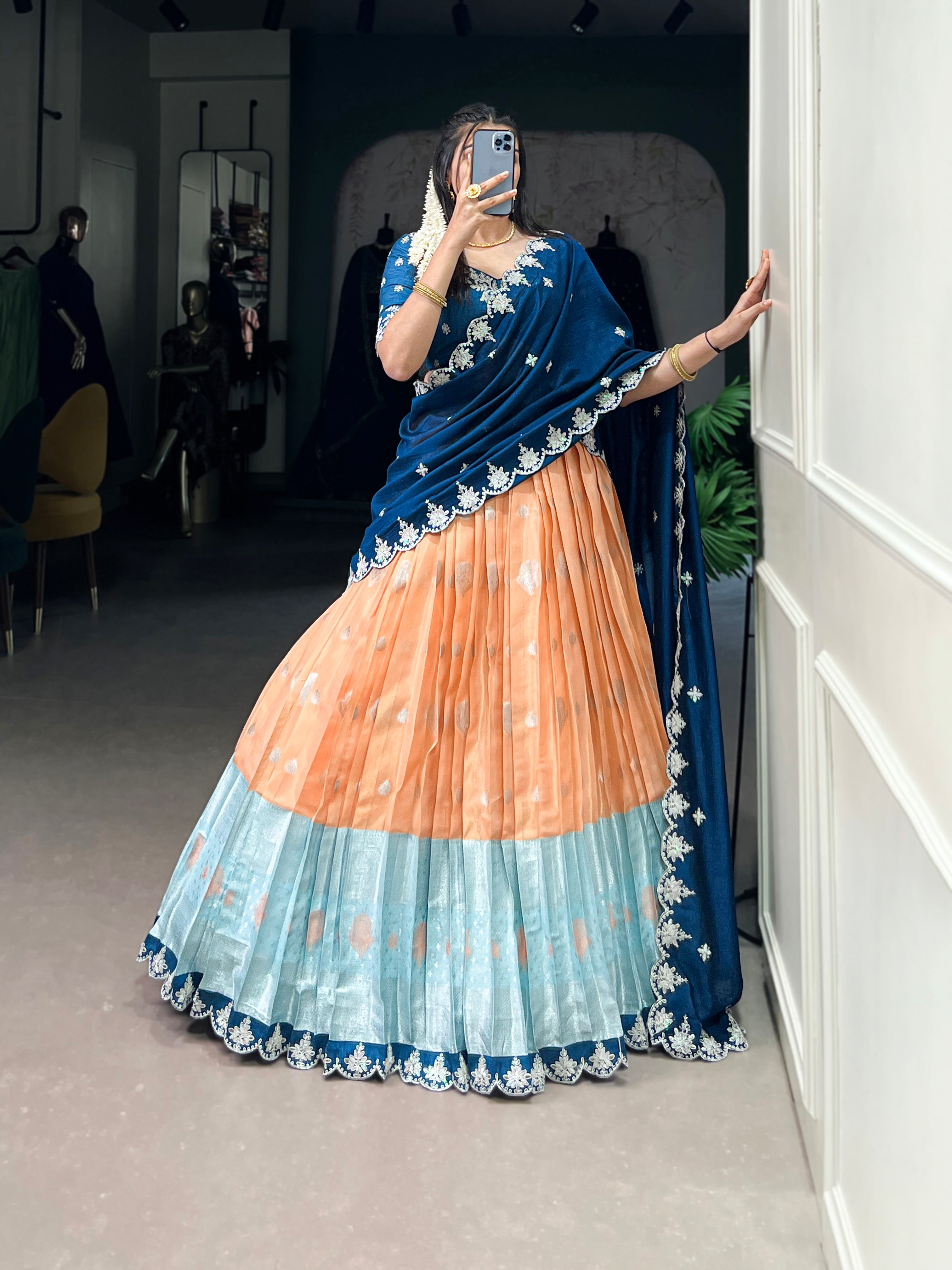Zari Kota  Peach & Sky Blue Lehenga with Vichitra Silk Dupatta