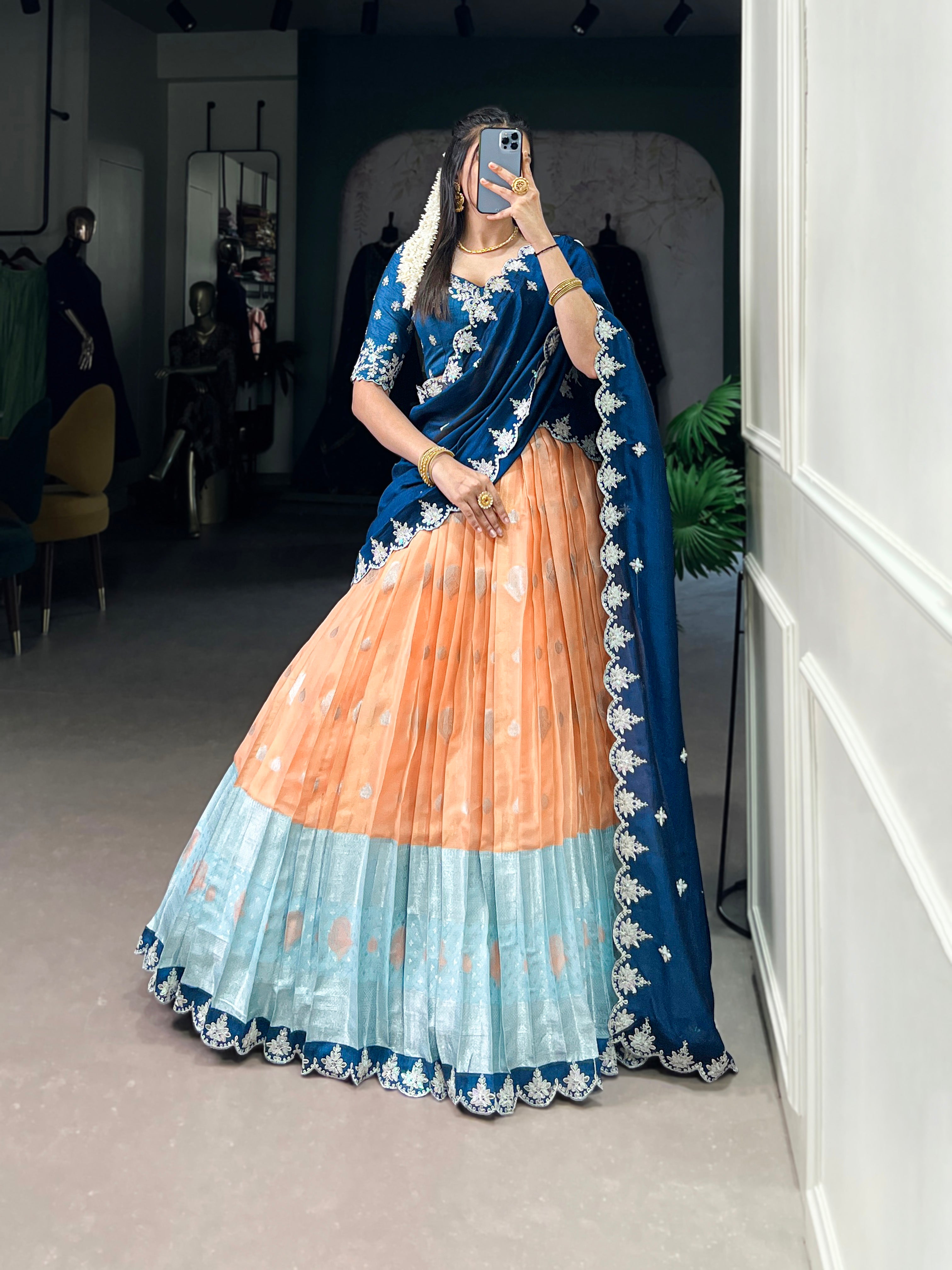 Zari Kota  Peach & Sky Blue Lehenga with Vichitra Silk Dupatta