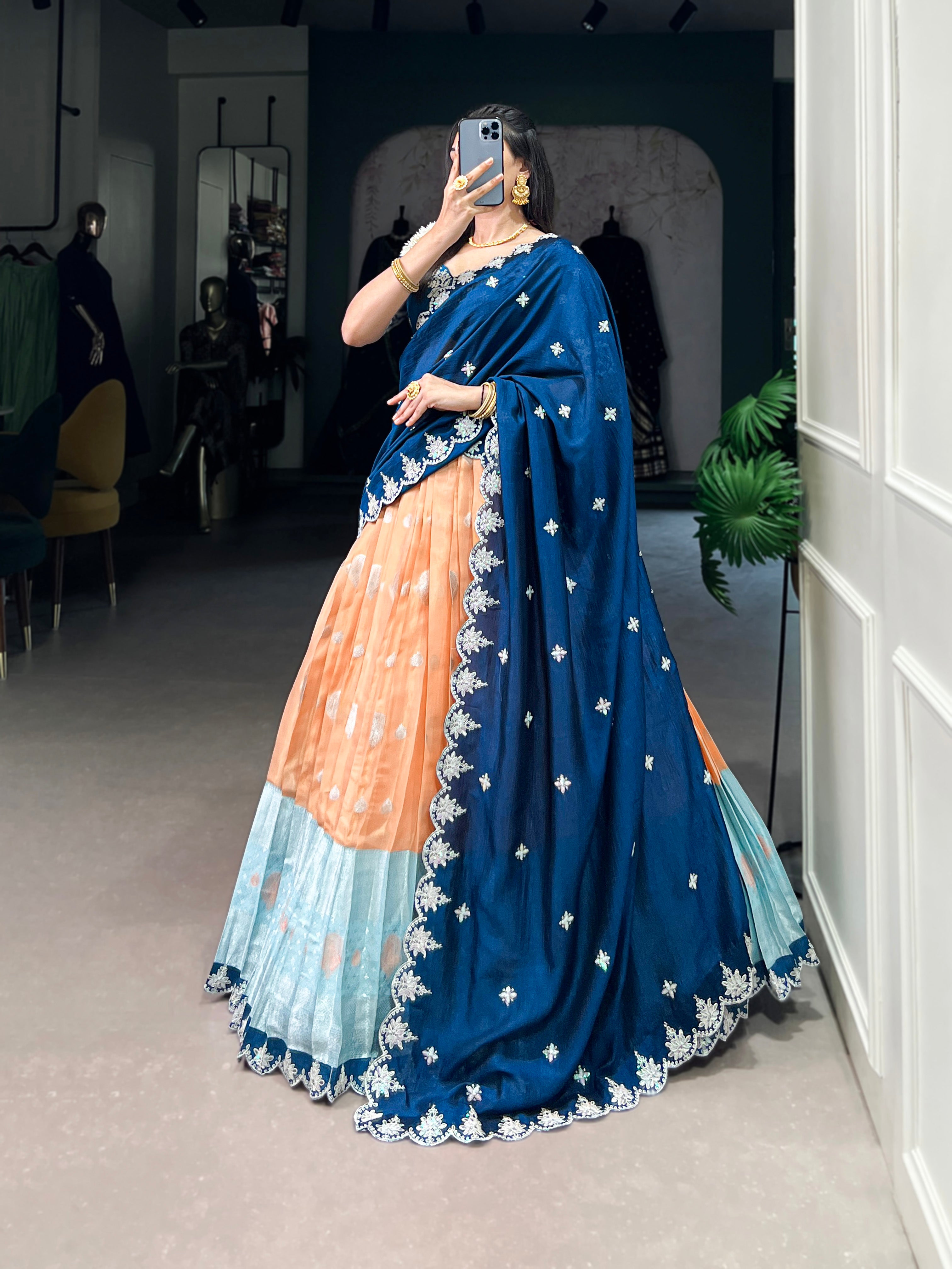 Zari Kota  Peach & Sky Blue Lehenga with Vichitra Silk Dupatta
