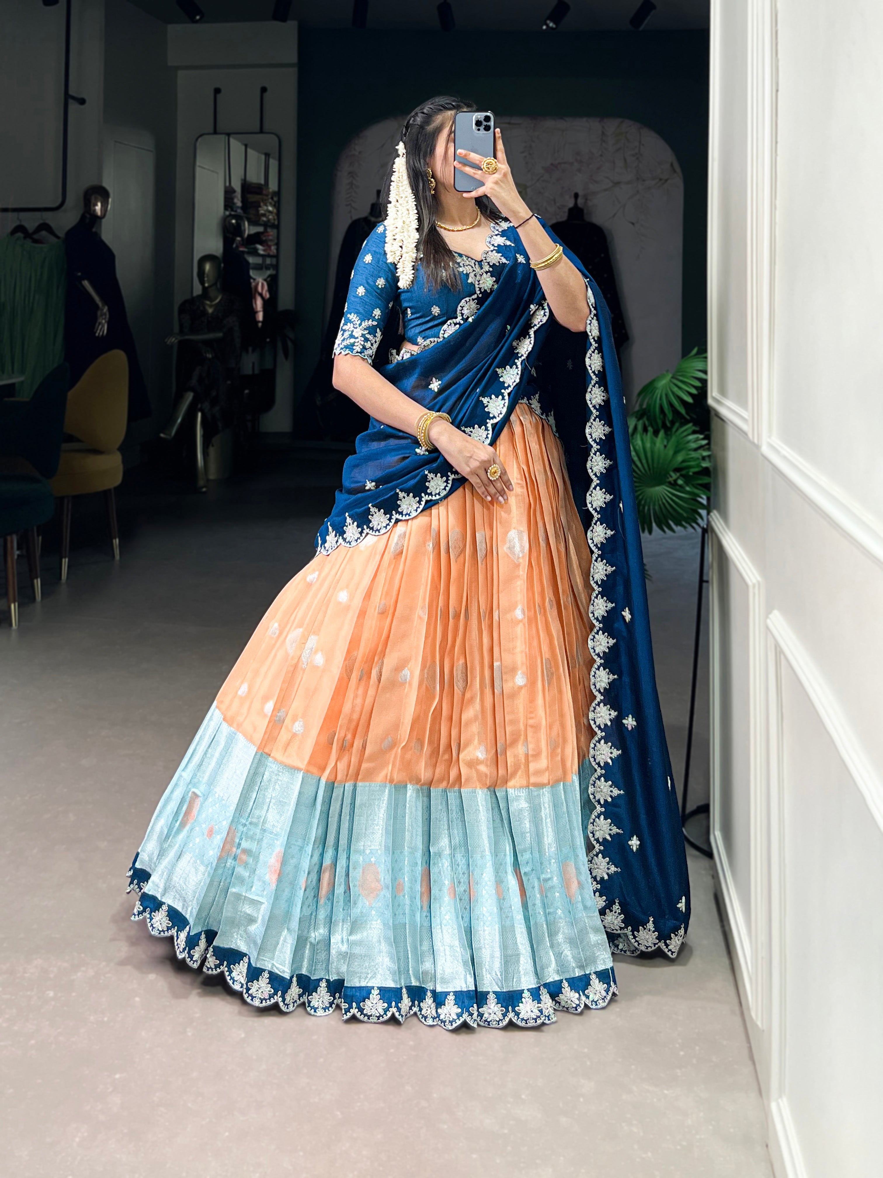 Zari Kota  Peach & Sky Blue Lehenga with Vichitra Silk Dupatta