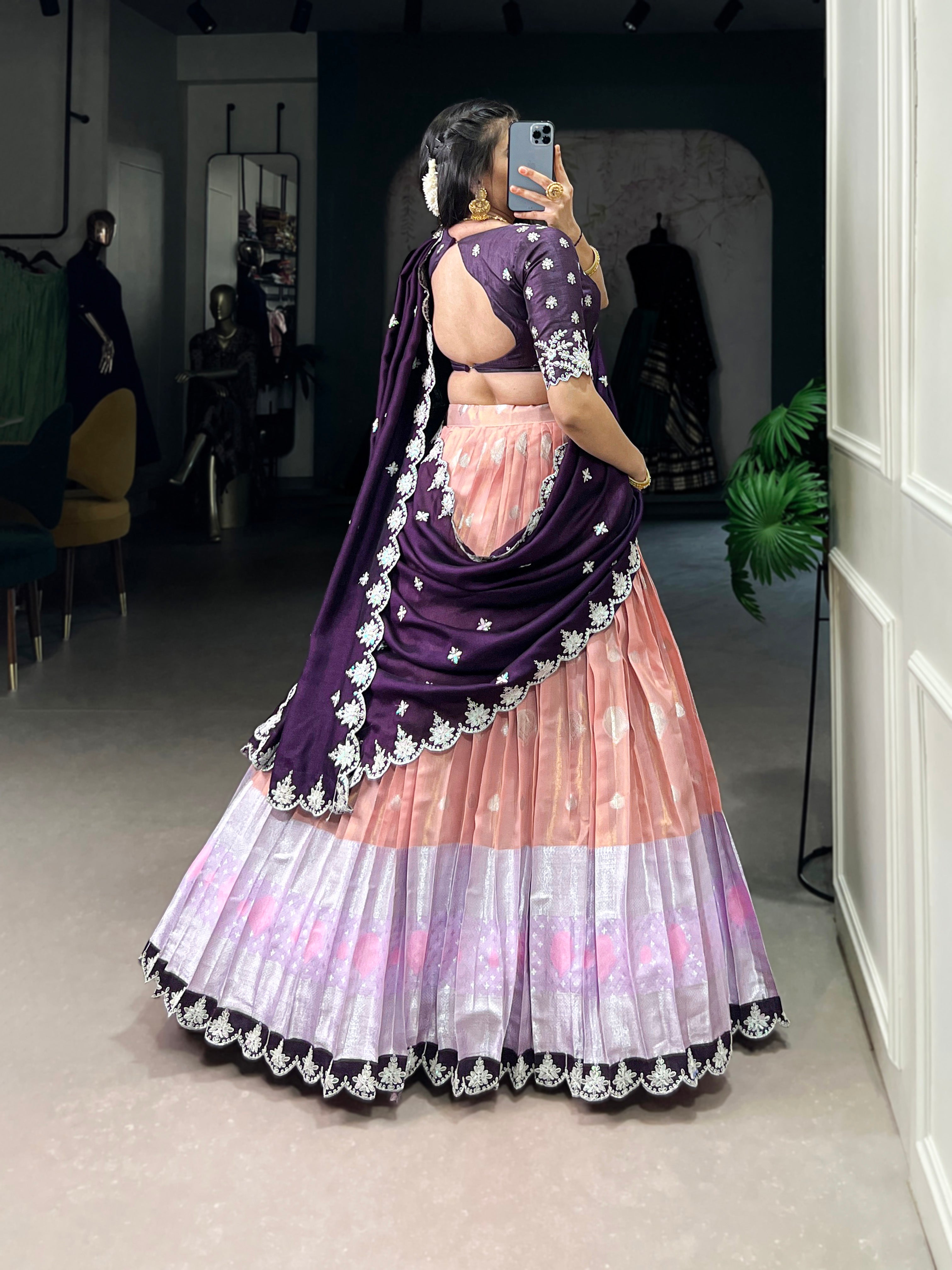 Zari Kota  Peach & Sky Blue Lehenga with Vichitra Silk Dupatta