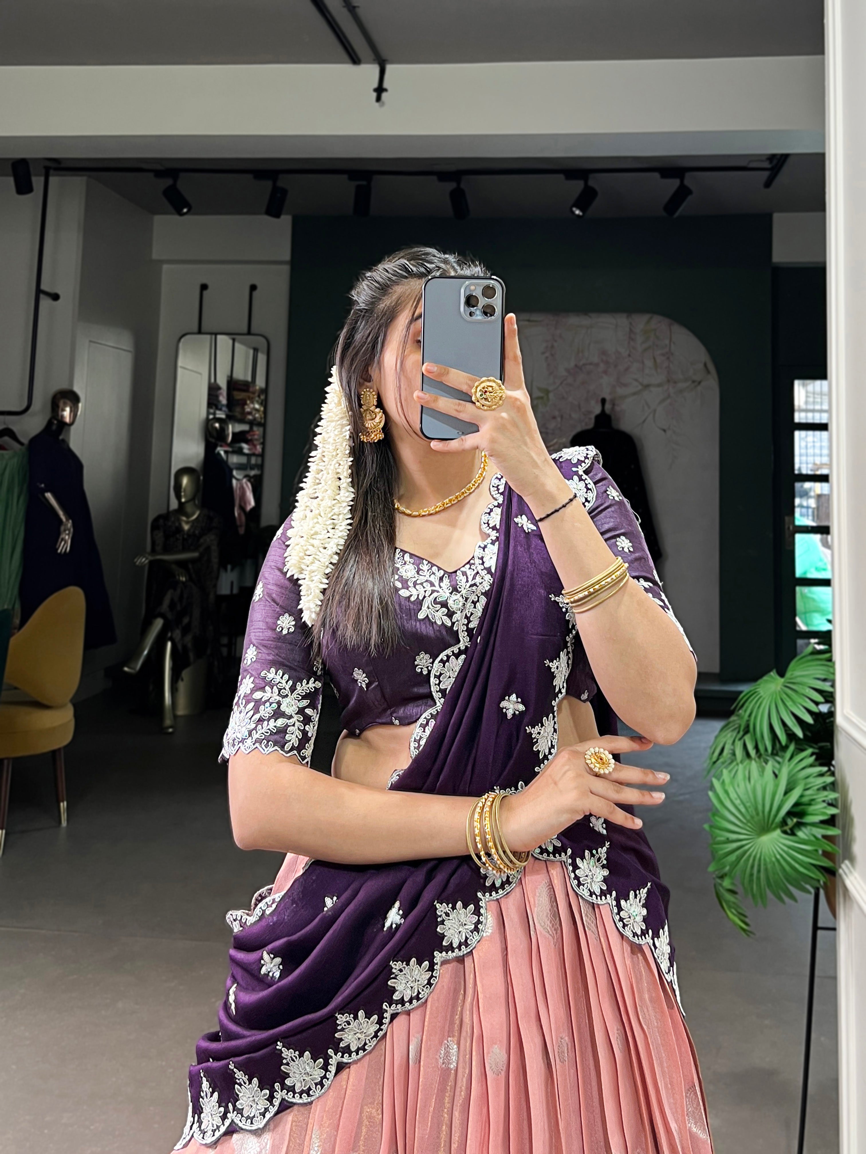Zari Kota  Peach & Sky Blue Lehenga with Vichitra Silk Dupatta