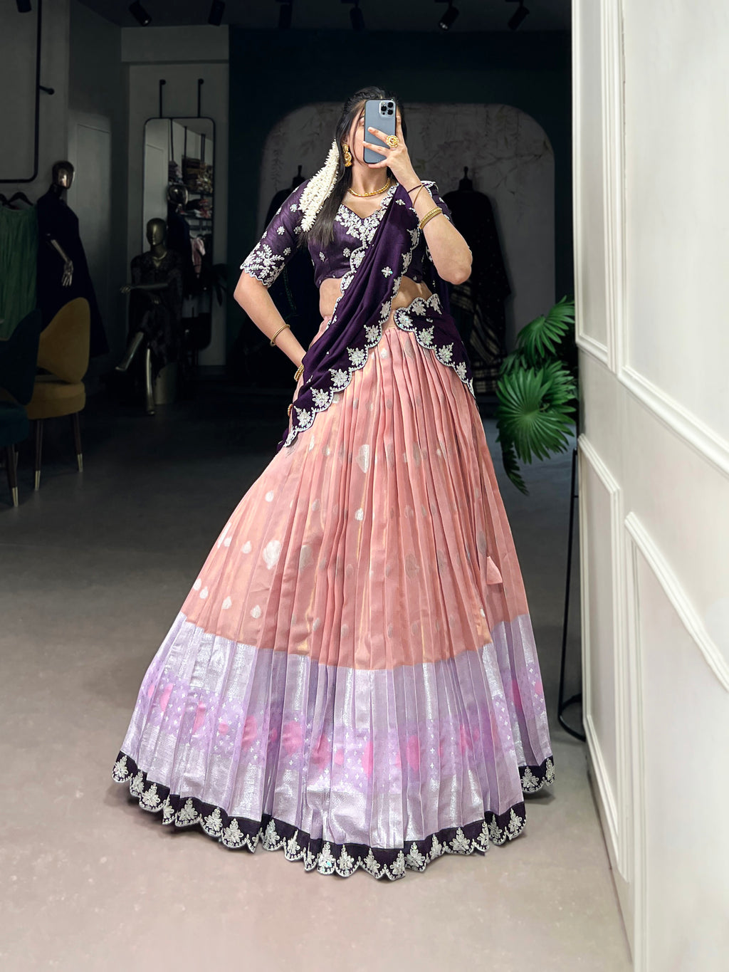 Zari Kota  Peach & Sky Blue Lehenga with Vichitra Silk Dupatta