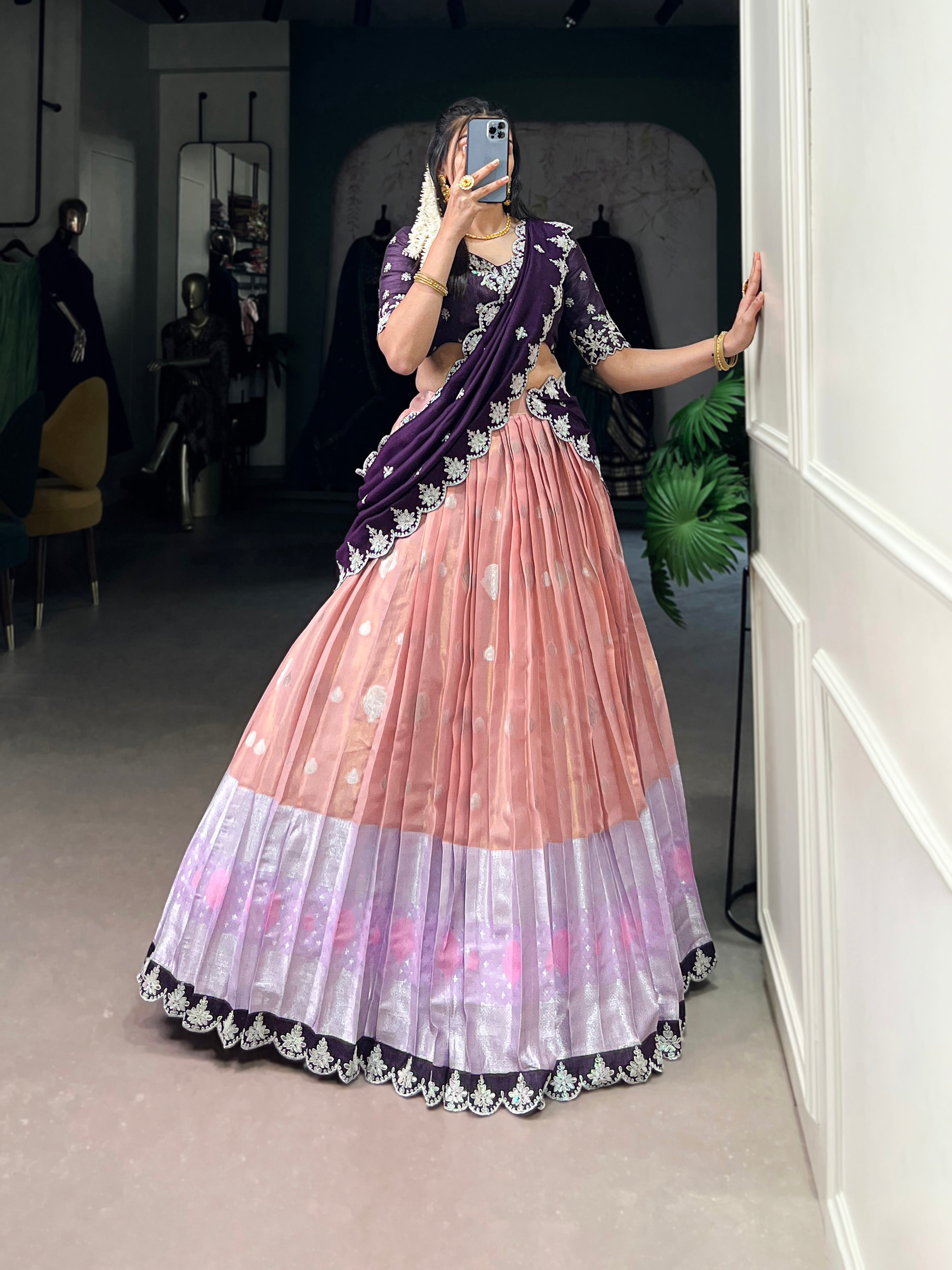 Zari Kota  Peach & Sky Blue Lehenga with Vichitra Silk Dupatta