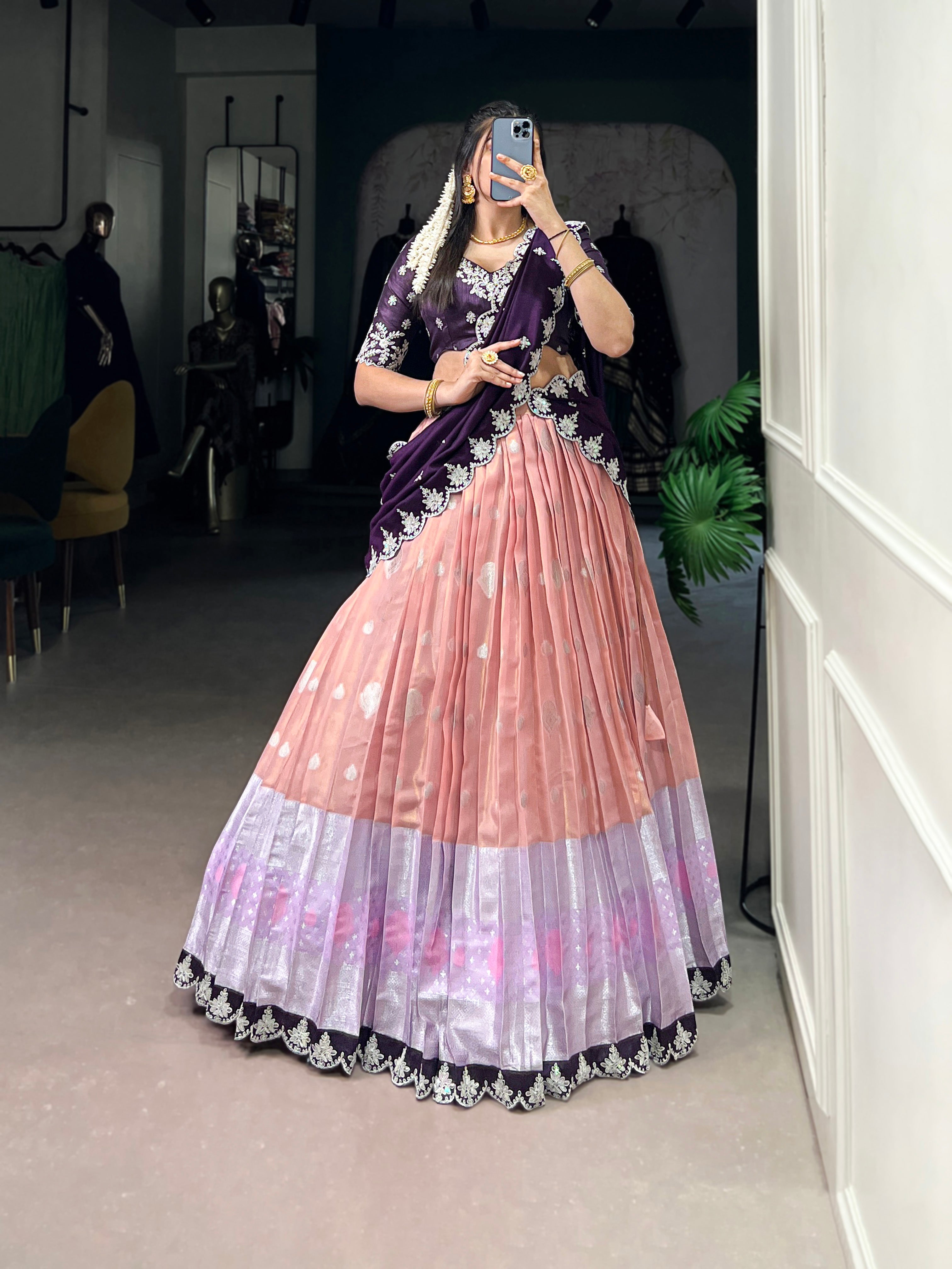Zari Kota  Peach & Sky Blue Lehenga with Vichitra Silk Dupatta