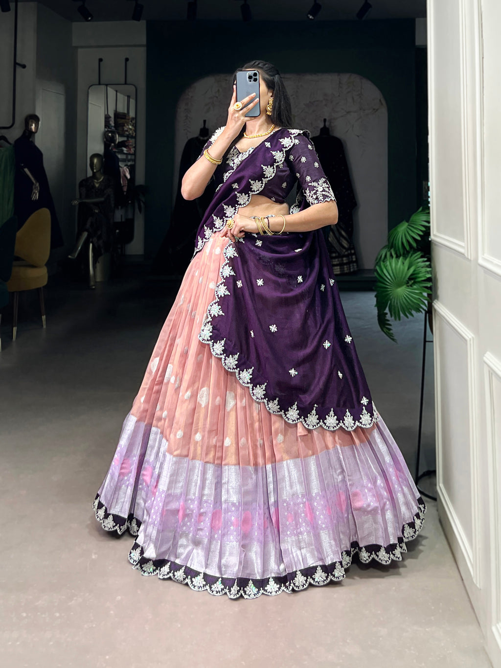 Zari Kota  Peach & Sky Blue Lehenga with Vichitra Silk Dupatta