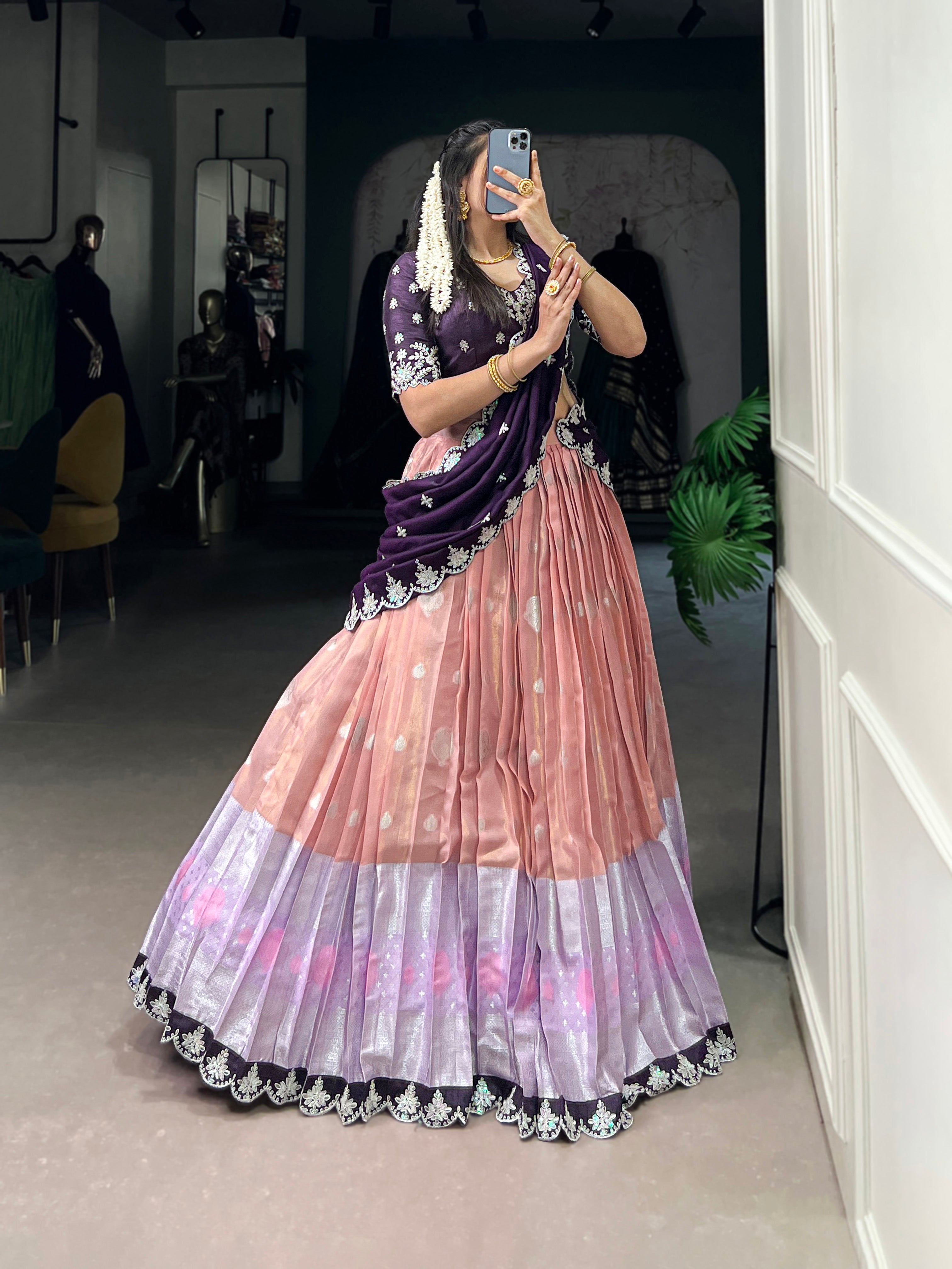 Zari Kota  Peach & Sky Blue Lehenga with Vichitra Silk Dupatta