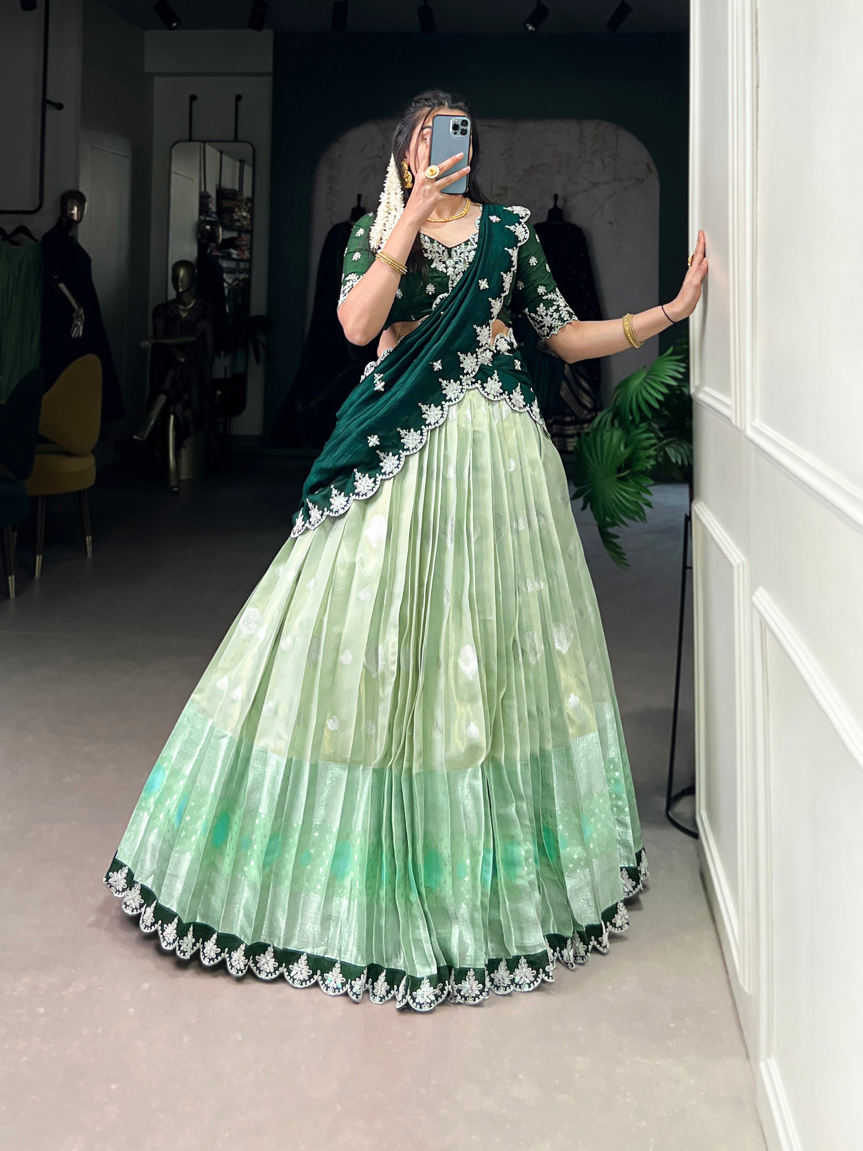 Zari Kota  Peach & Sky Blue Lehenga with Vichitra Silk Dupatta