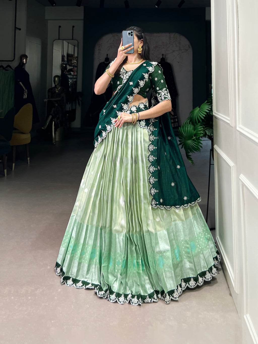 Zari Kota  Peach & Sky Blue Lehenga with Vichitra Silk Dupatta