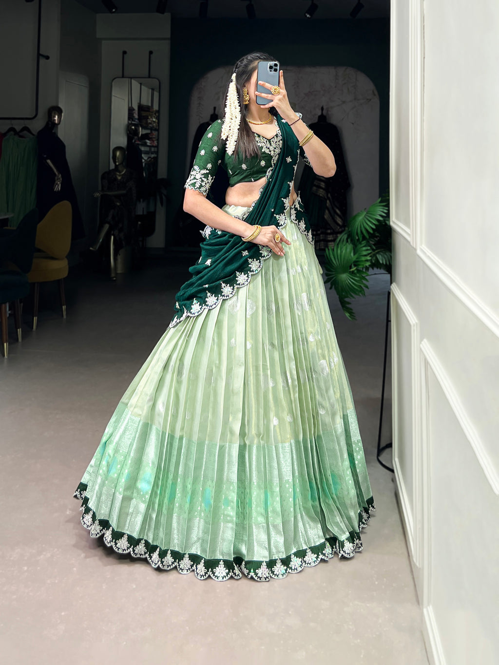 Zari Kota  Peach & Sky Blue Lehenga with Vichitra Silk Dupatta