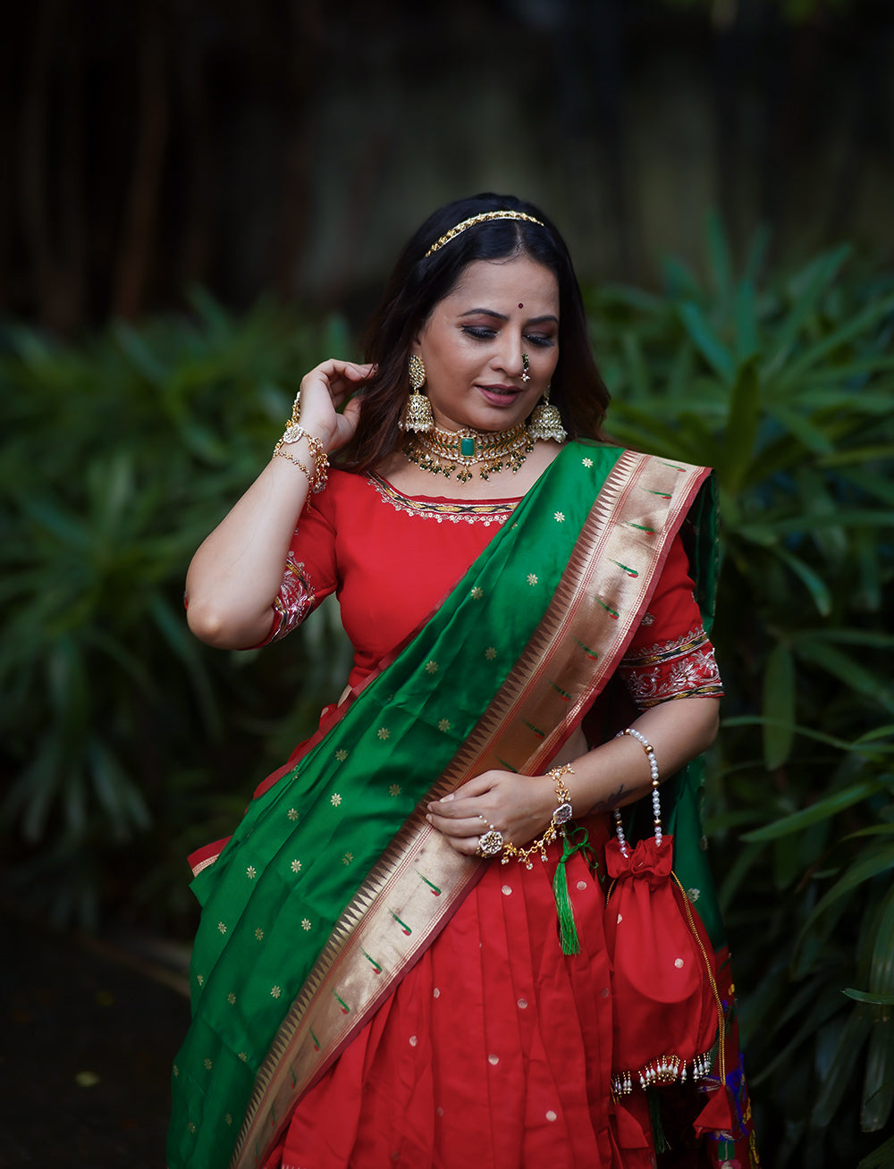 Jacquard Silk Red Choli With Weaving Zari Work and green Dupatta