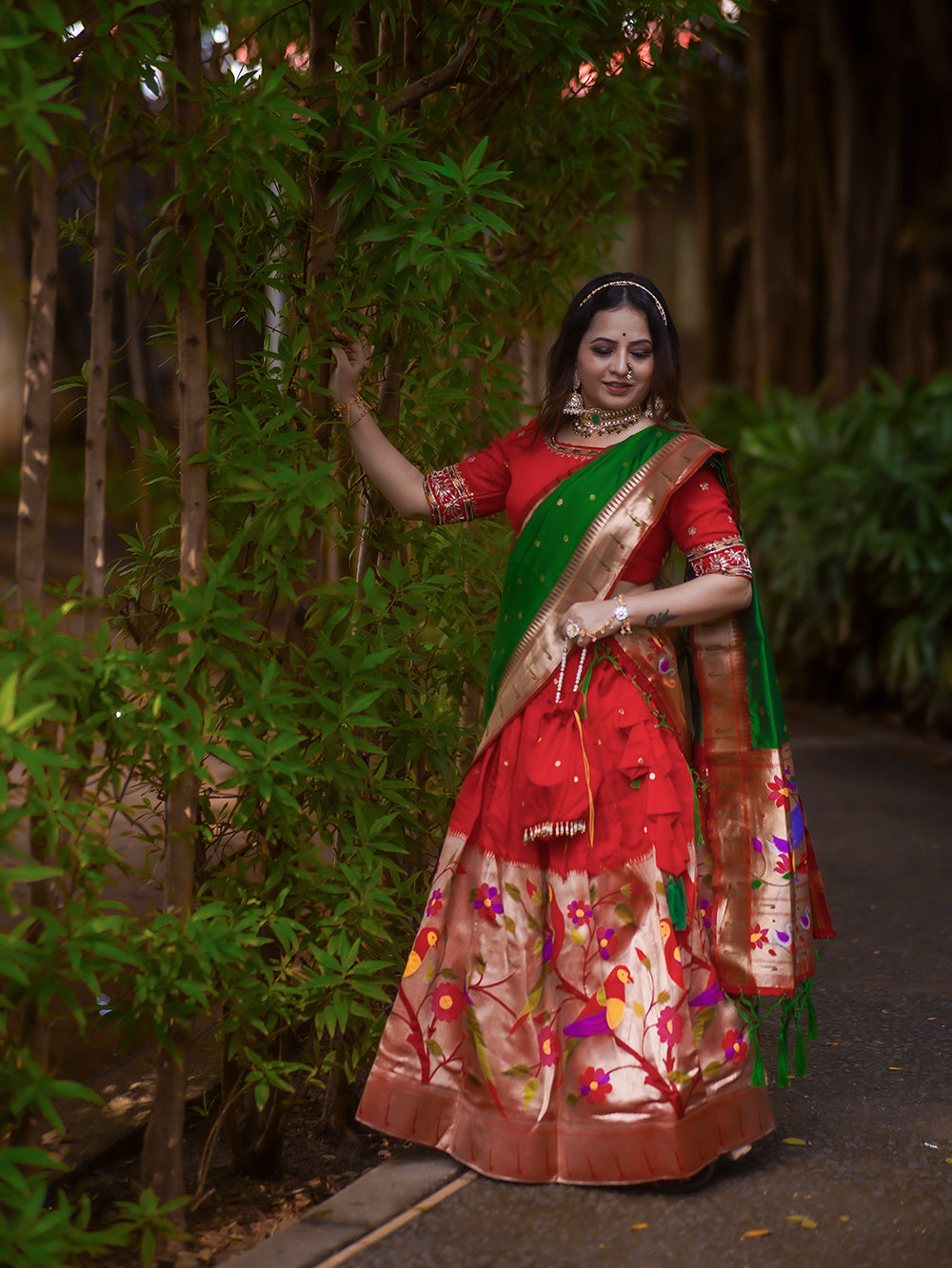 Jacquard Silk Red Choli With Weaving Zari Work and green Dupatta