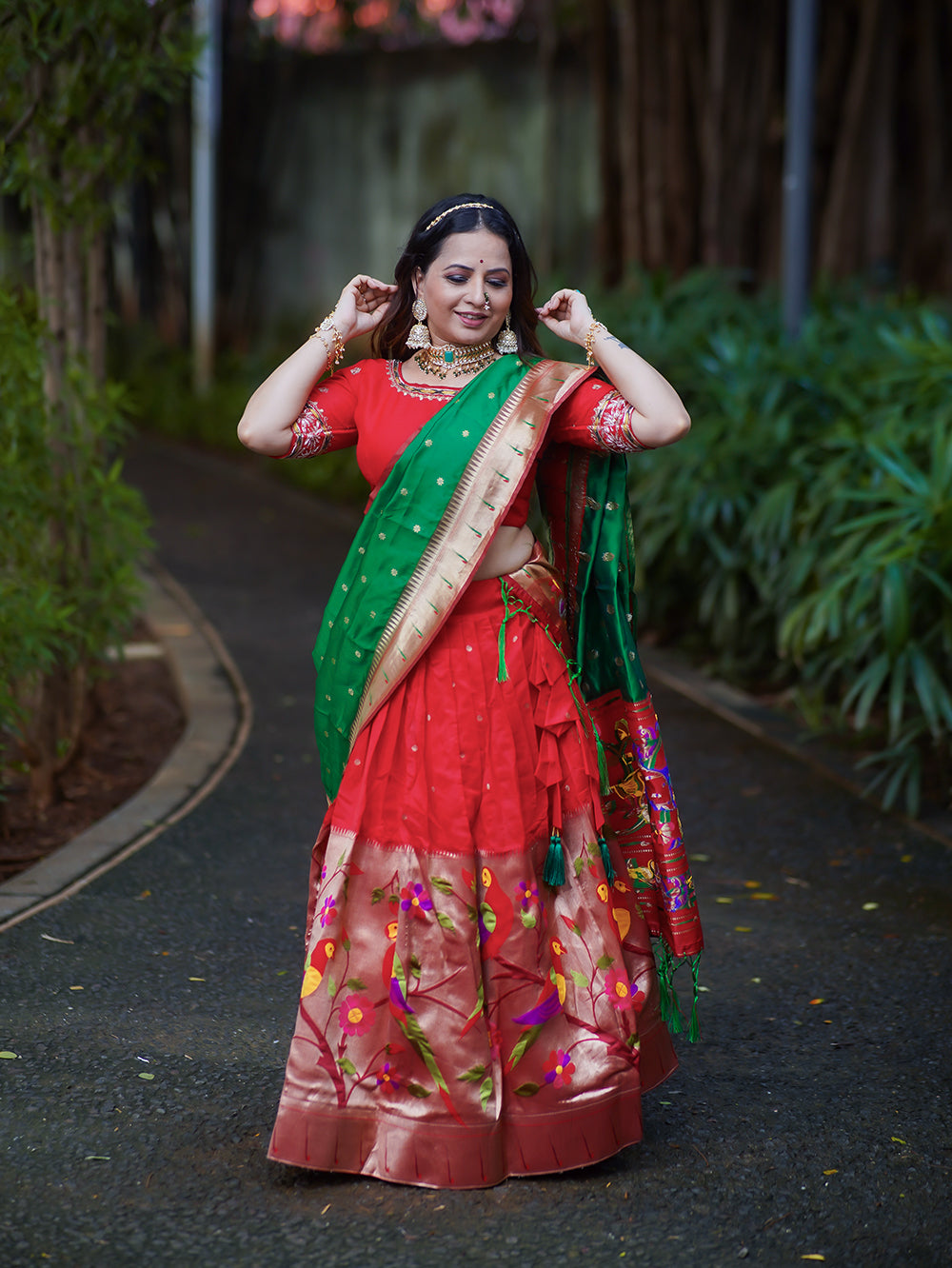 Jacquard Silk Red Choli With Weaving Zari Work and green Dupatta