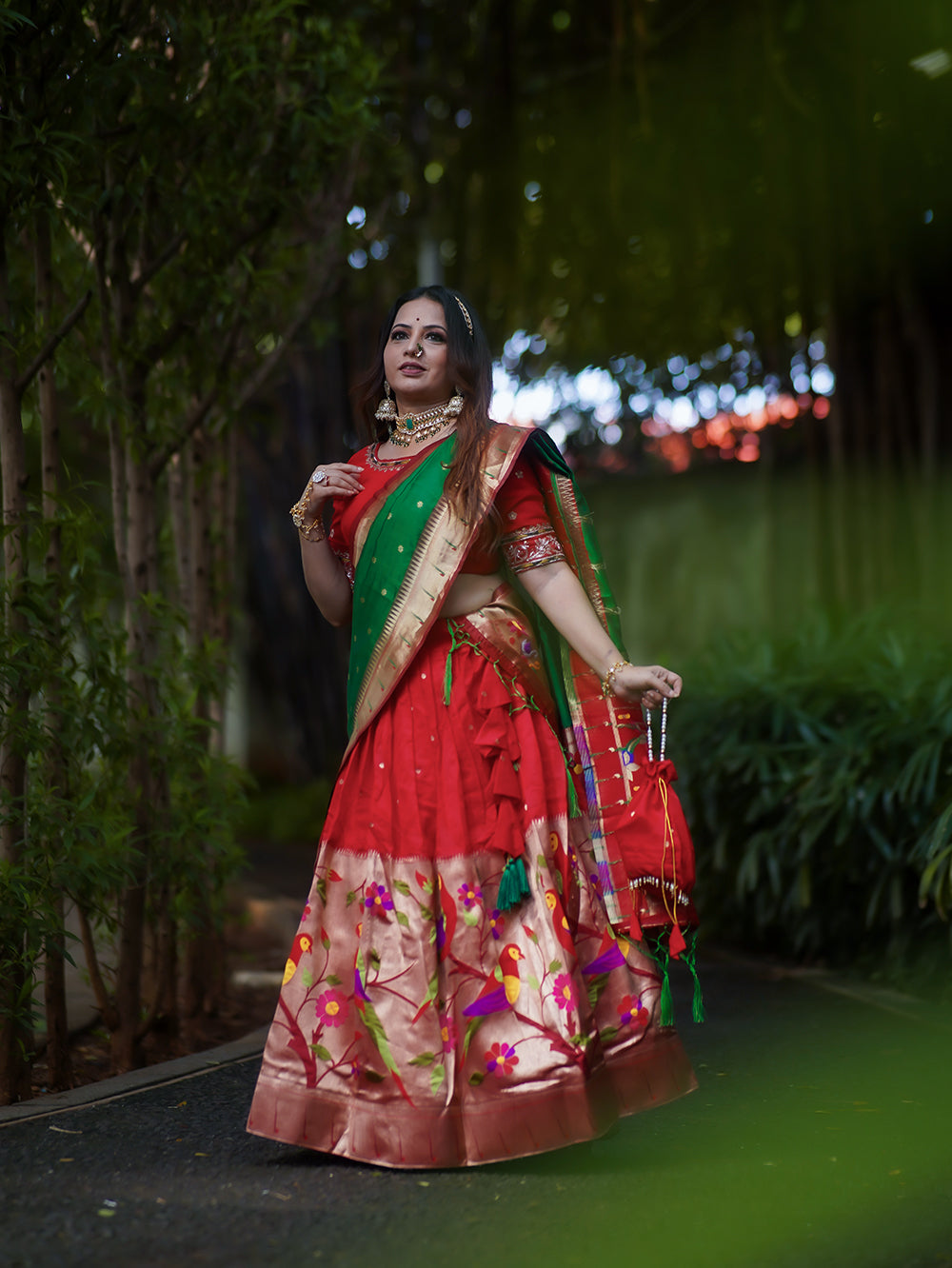 Jacquard Silk Red Choli With Weaving Zari Work and green Dupatta