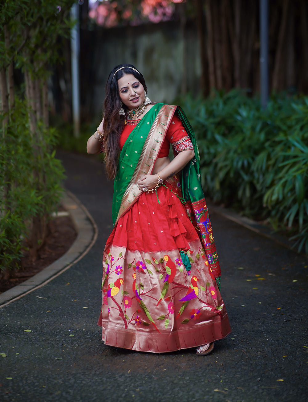 Jacquard Silk Red Choli With Weaving Zari Work and green Dupatta
