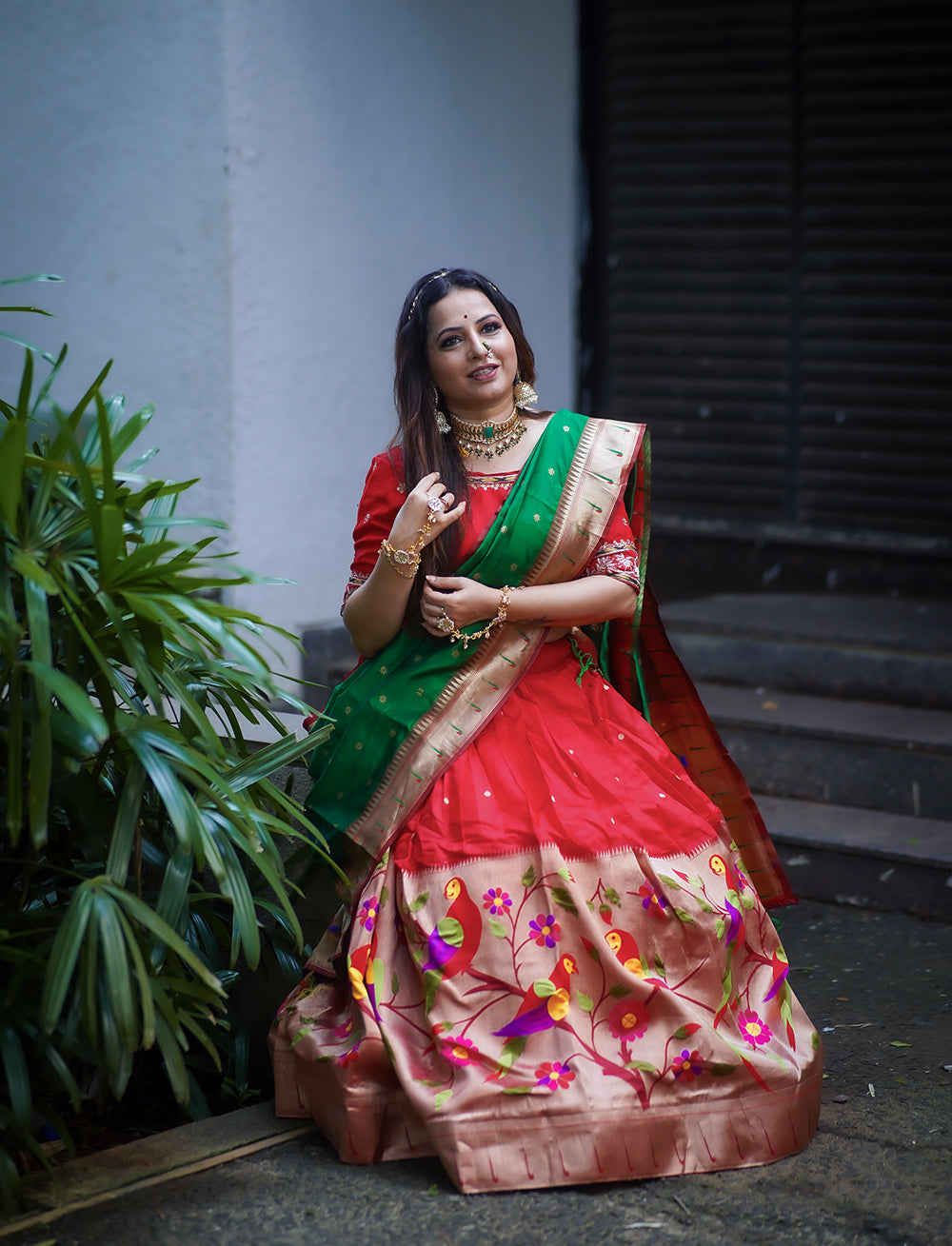 Jacquard Silk Red Choli With Weaving Zari Work and green Dupatta