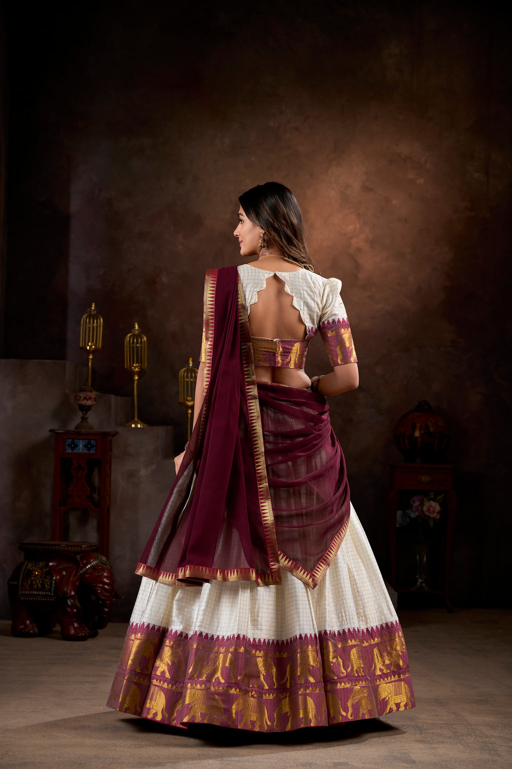Pure Cotton White Lehenga with Maroon Dupatta & Golden Border