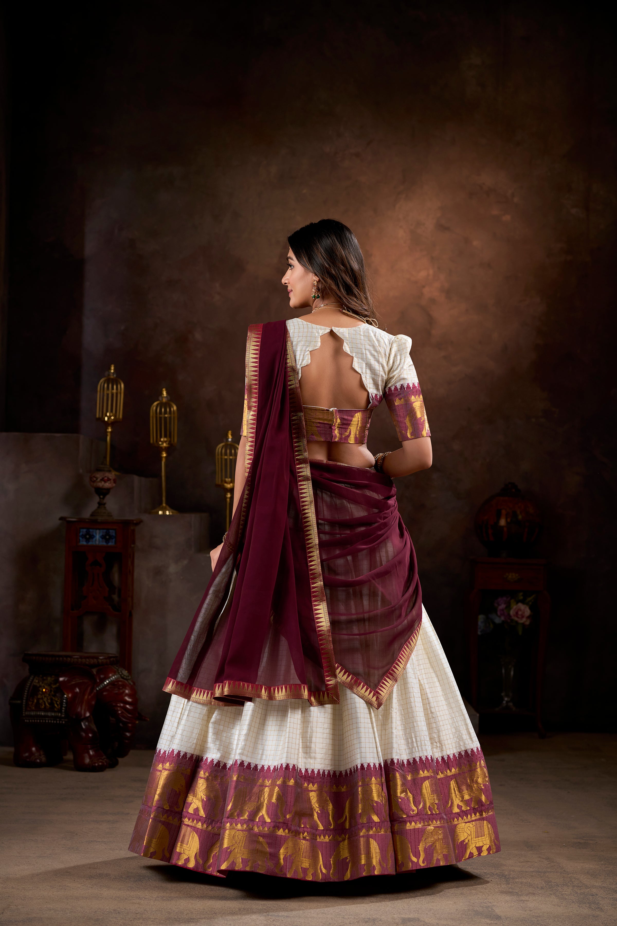 Pure Cotton White Lehenga with Maroon Dupatta & Golden Border