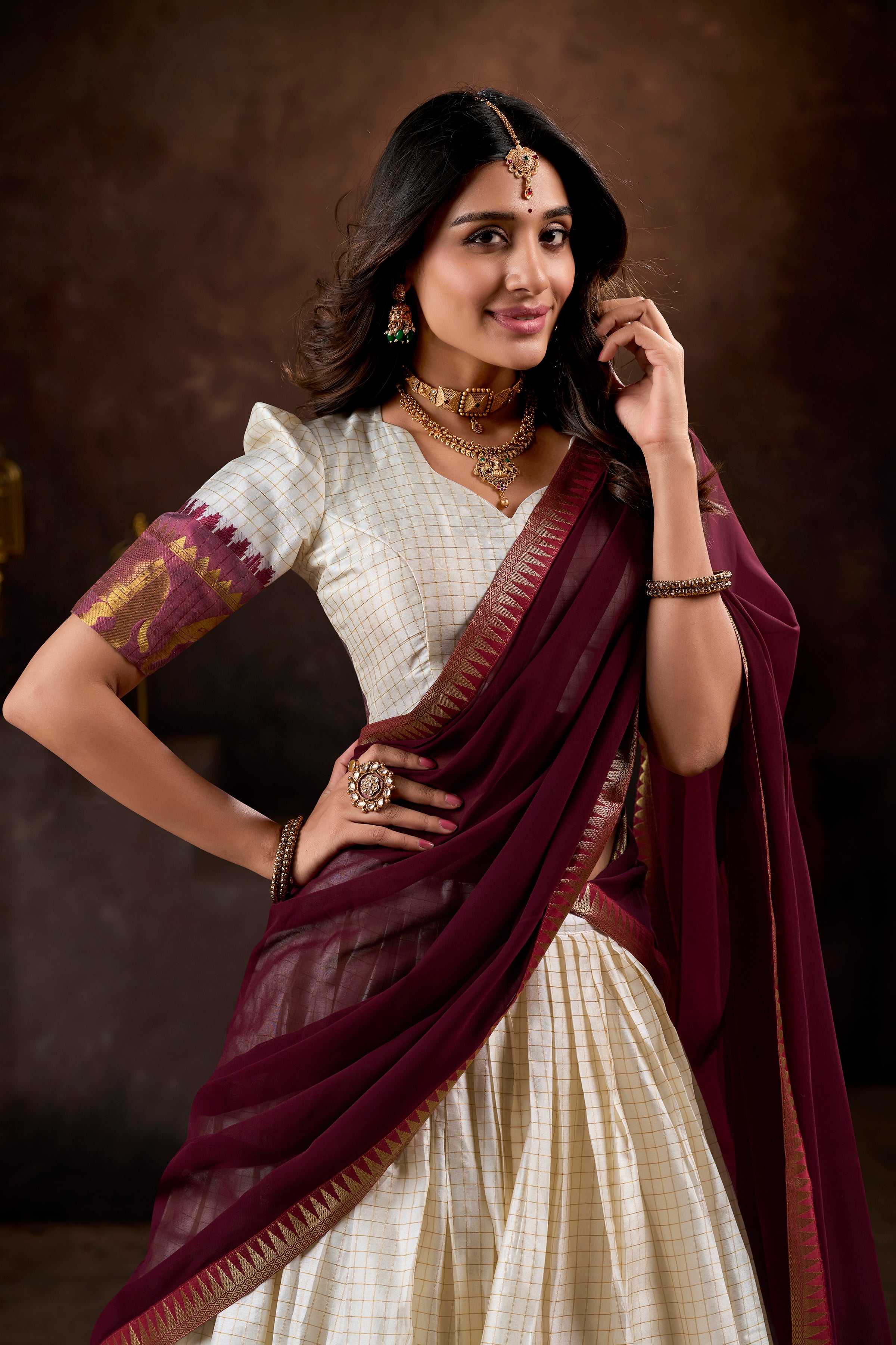 Pure Cotton White Lehenga with Maroon Dupatta & Golden Border