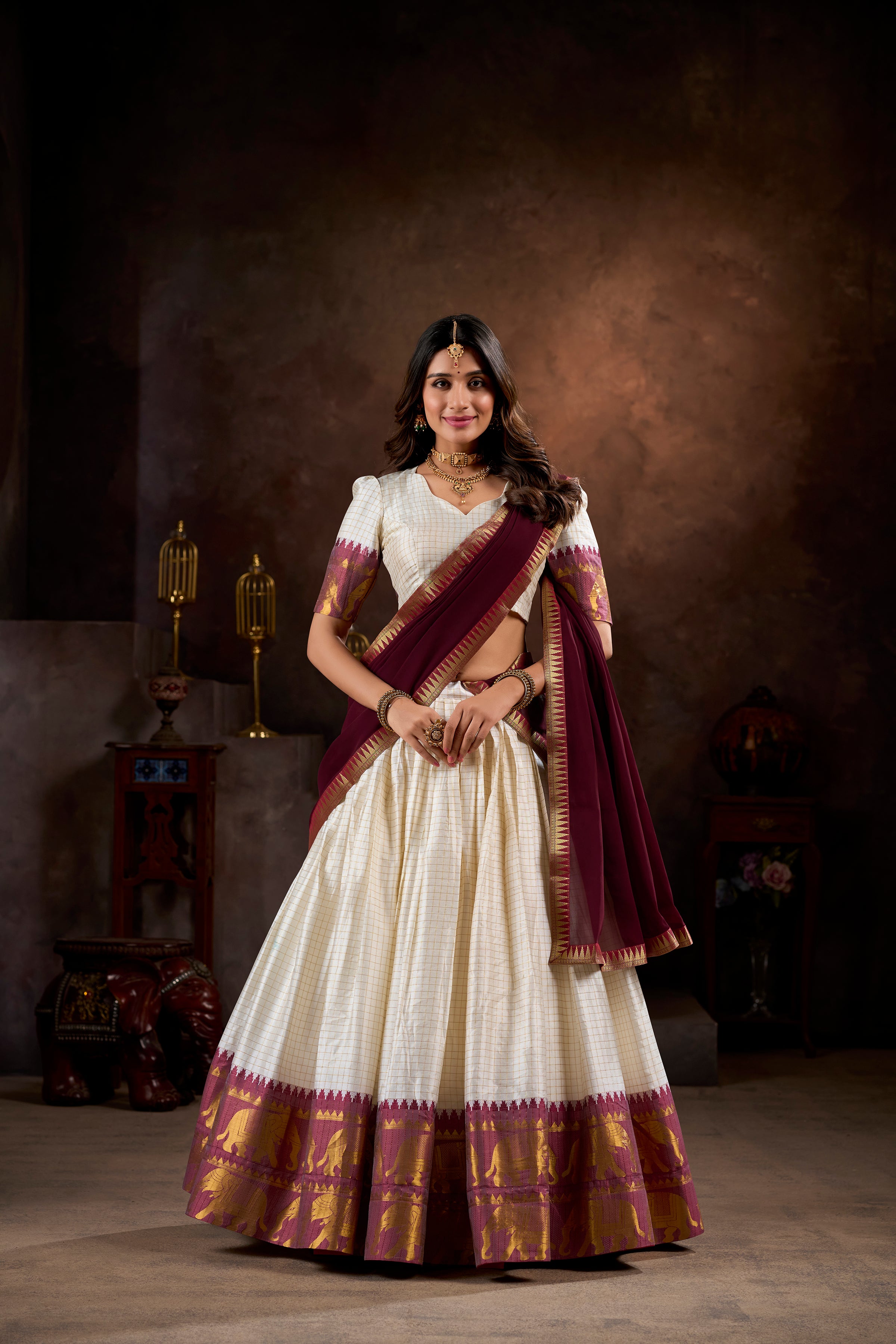 Pure Cotton White Lehenga with Maroon Dupatta & Golden Border