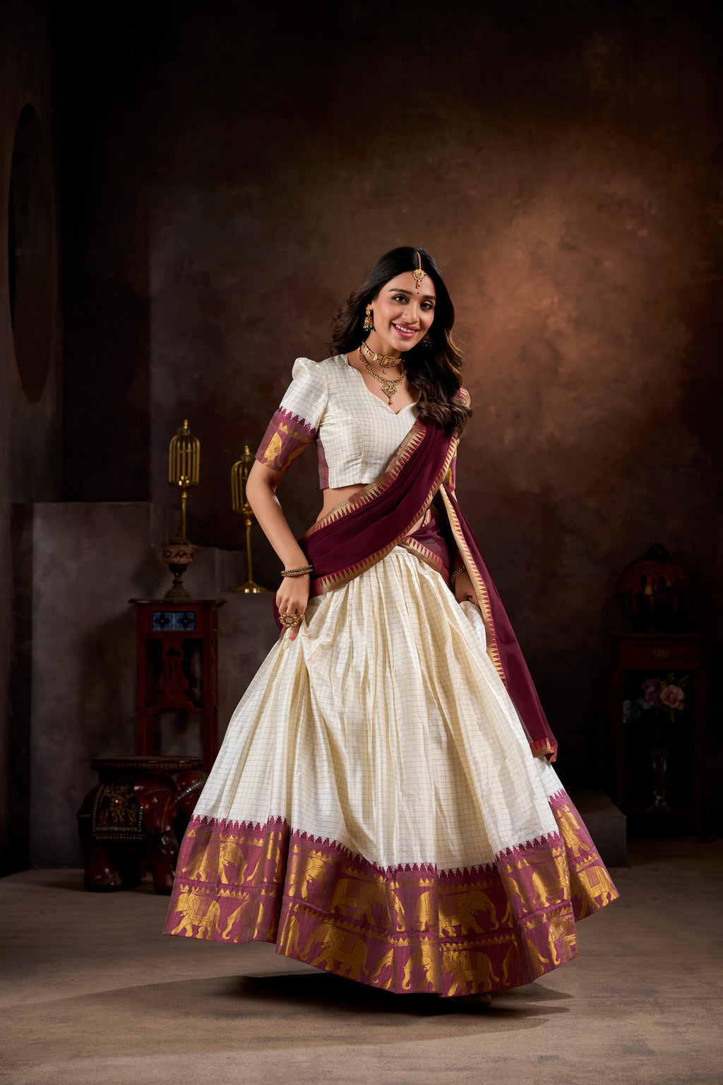 Pure Cotton White Lehenga with Maroon Dupatta & Golden Border