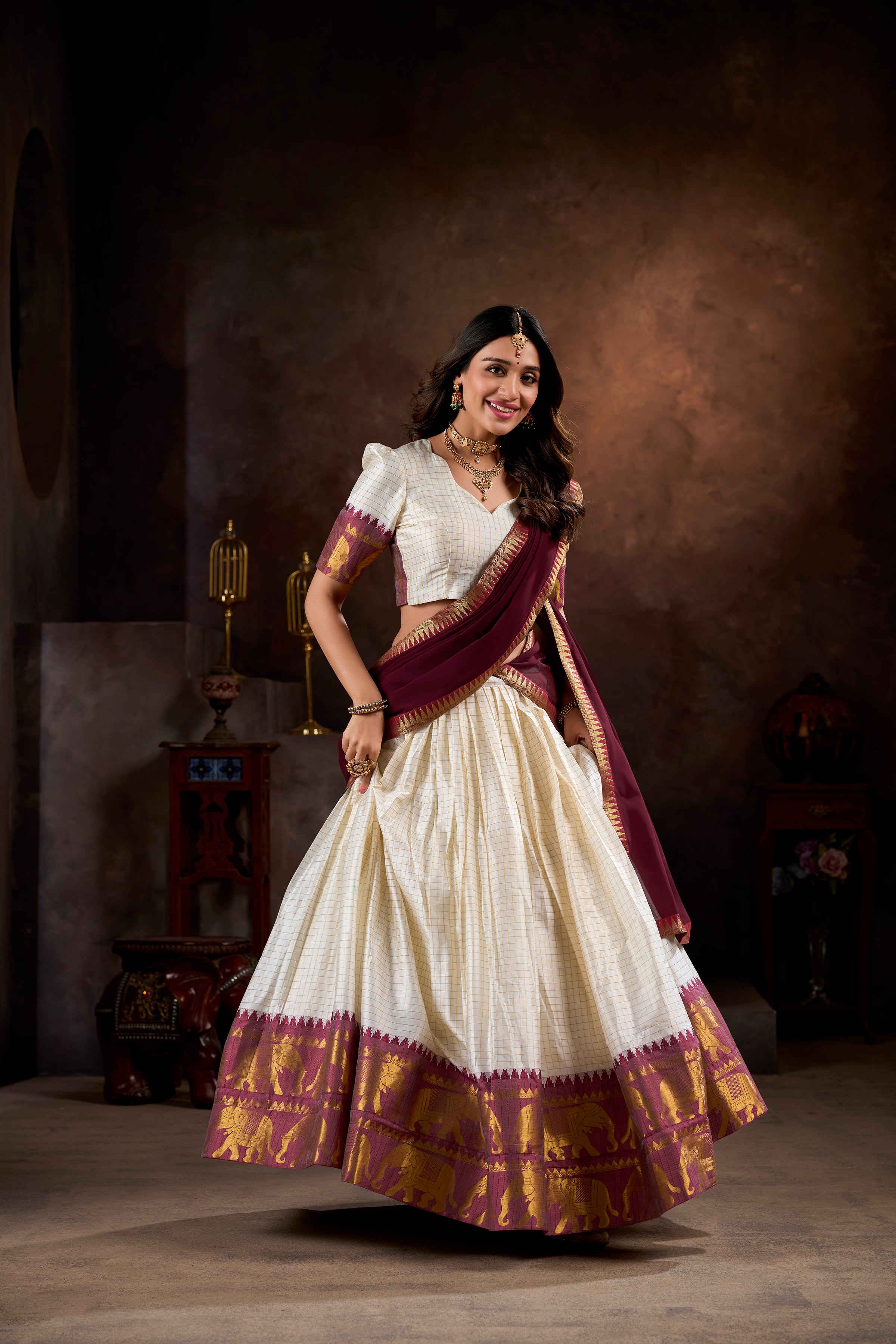 Pure Cotton White Lehenga with Maroon Dupatta & Golden Border