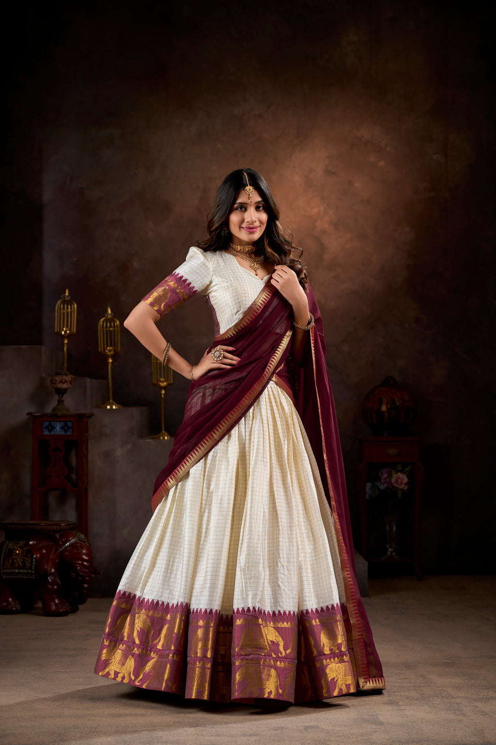 Pure Cotton White Lehenga with Maroon Dupatta & Golden Border