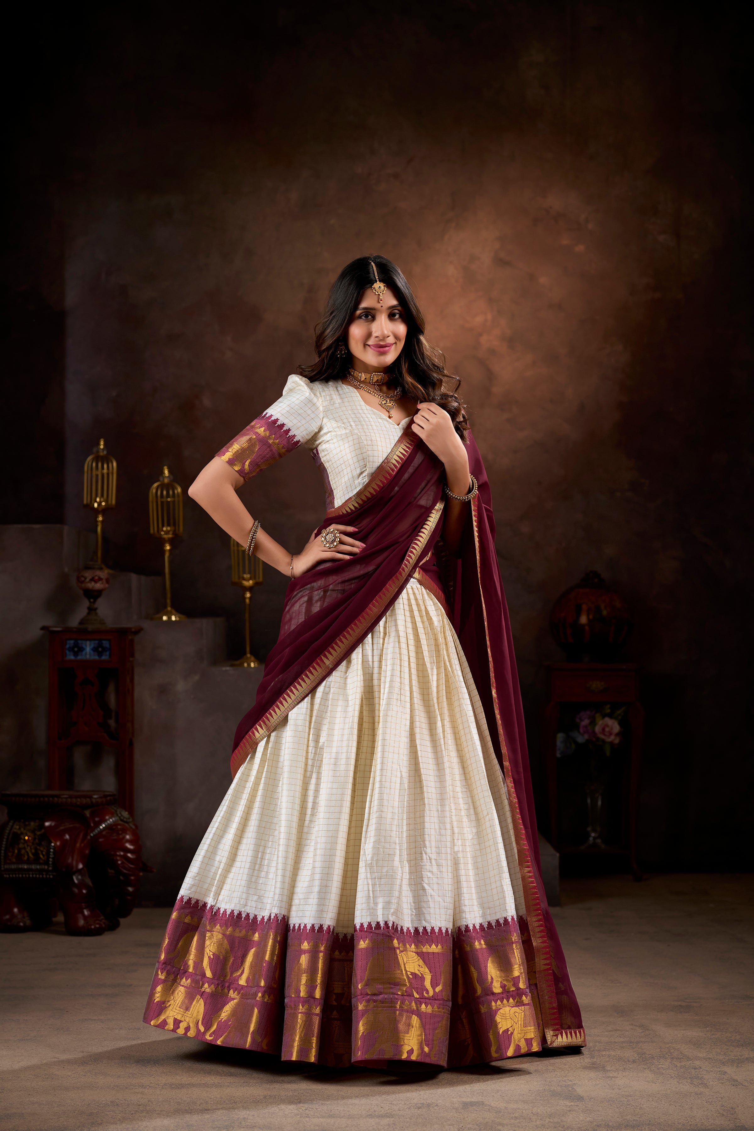 Pure Cotton White Lehenga with Maroon Dupatta & Golden Border