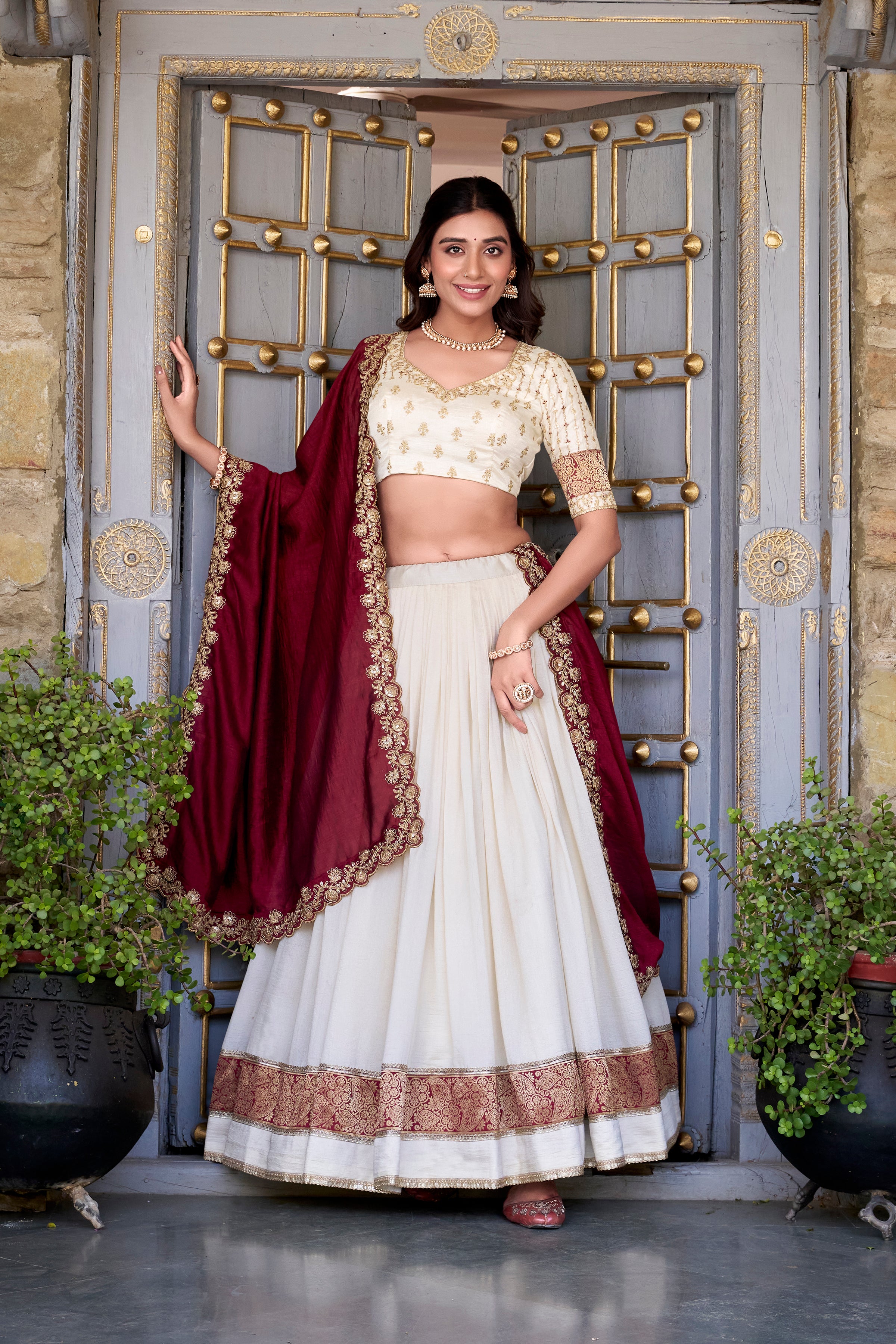 Pure Vichitra Silk Lehenga with Dupatta and Zari Weaving Work Lace Border Belt