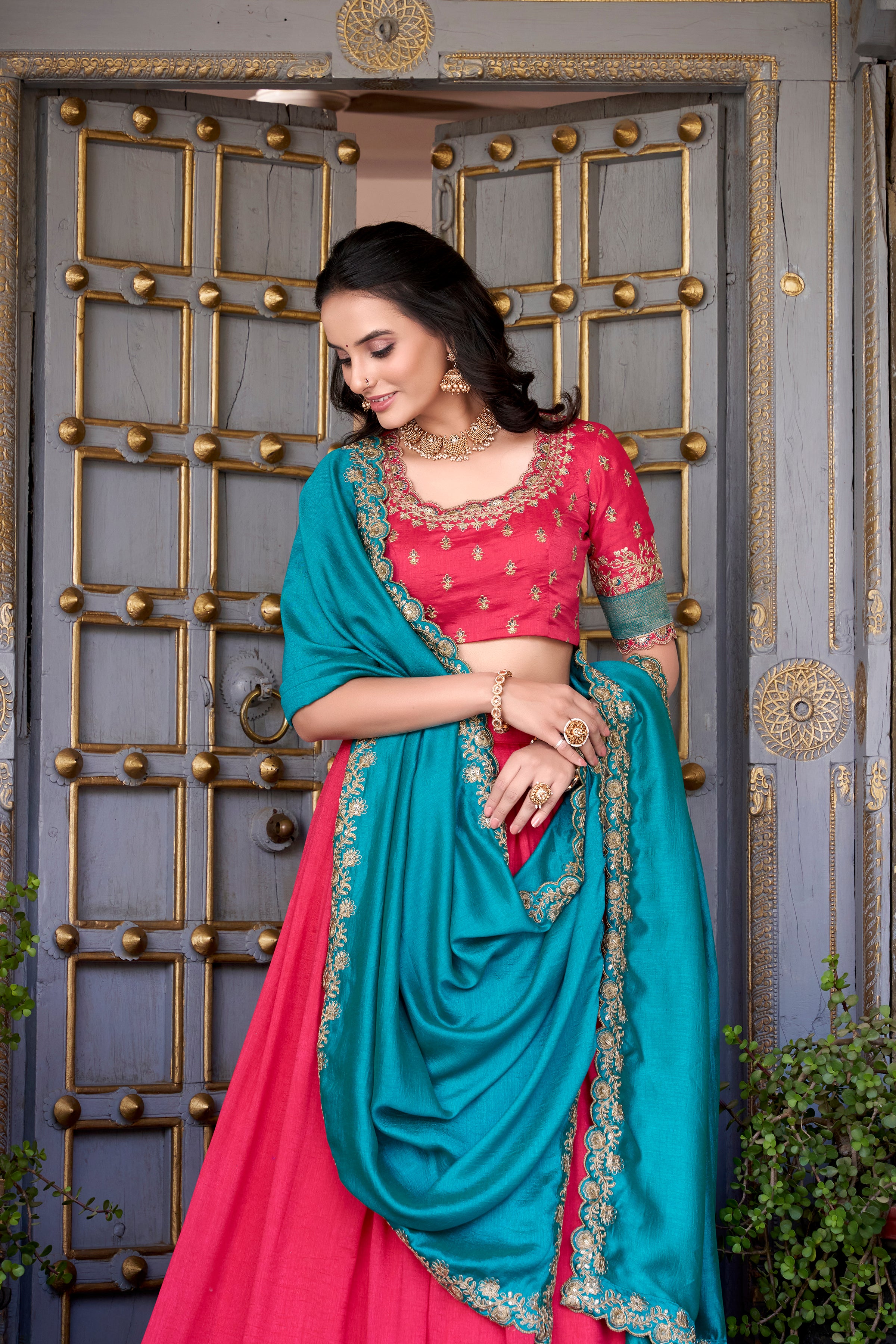 Pure Vichitra Silk Lehenga with Dupatta and Zari Weaving Work Lace Border Belt