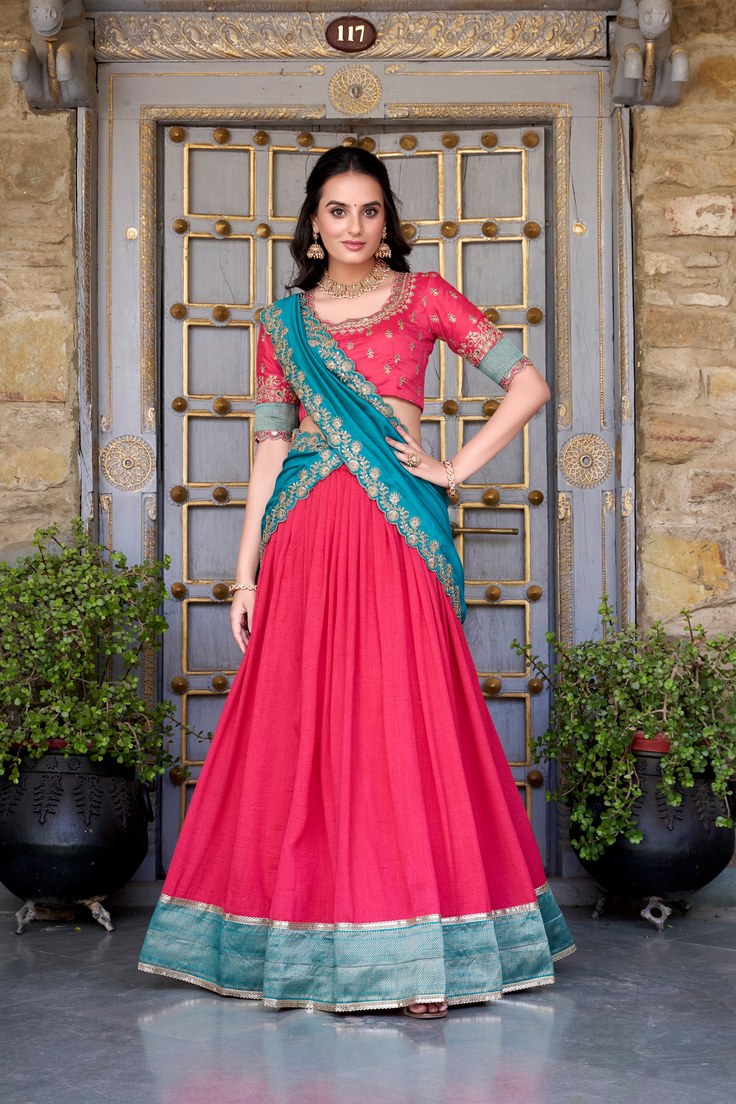 Pure Vichitra Silk Lehenga with Dupatta and Zari Weaving Work Lace Border Belt