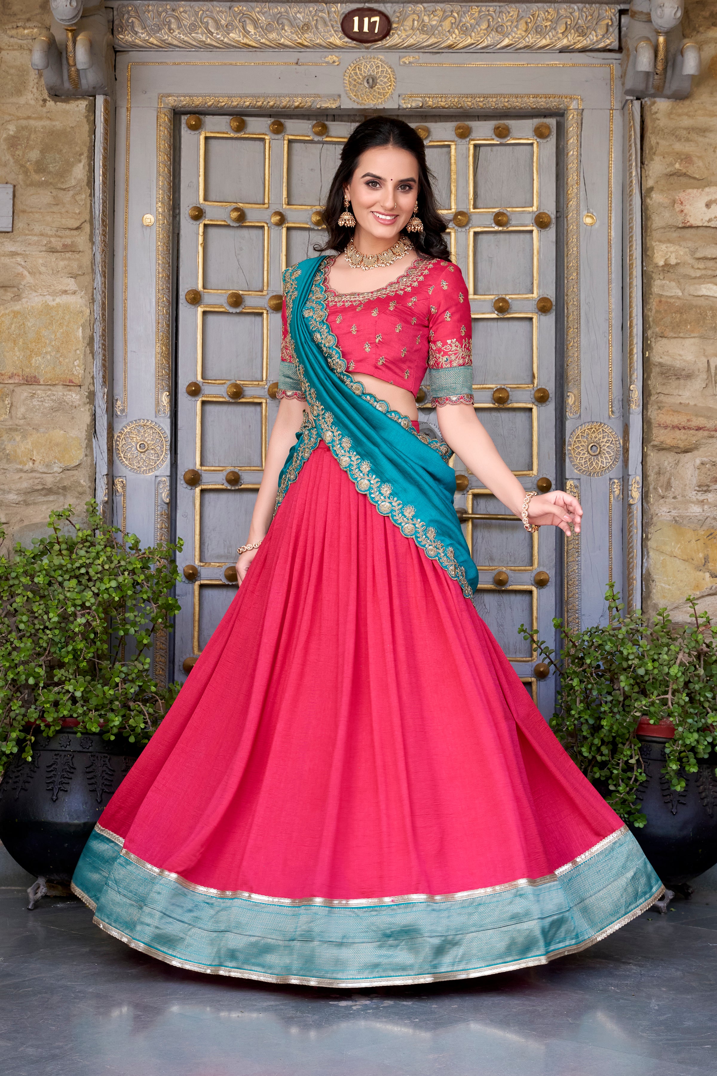 Pure Vichitra Silk Lehenga with Dupatta and Zari Weaving Work Lace Border Belt