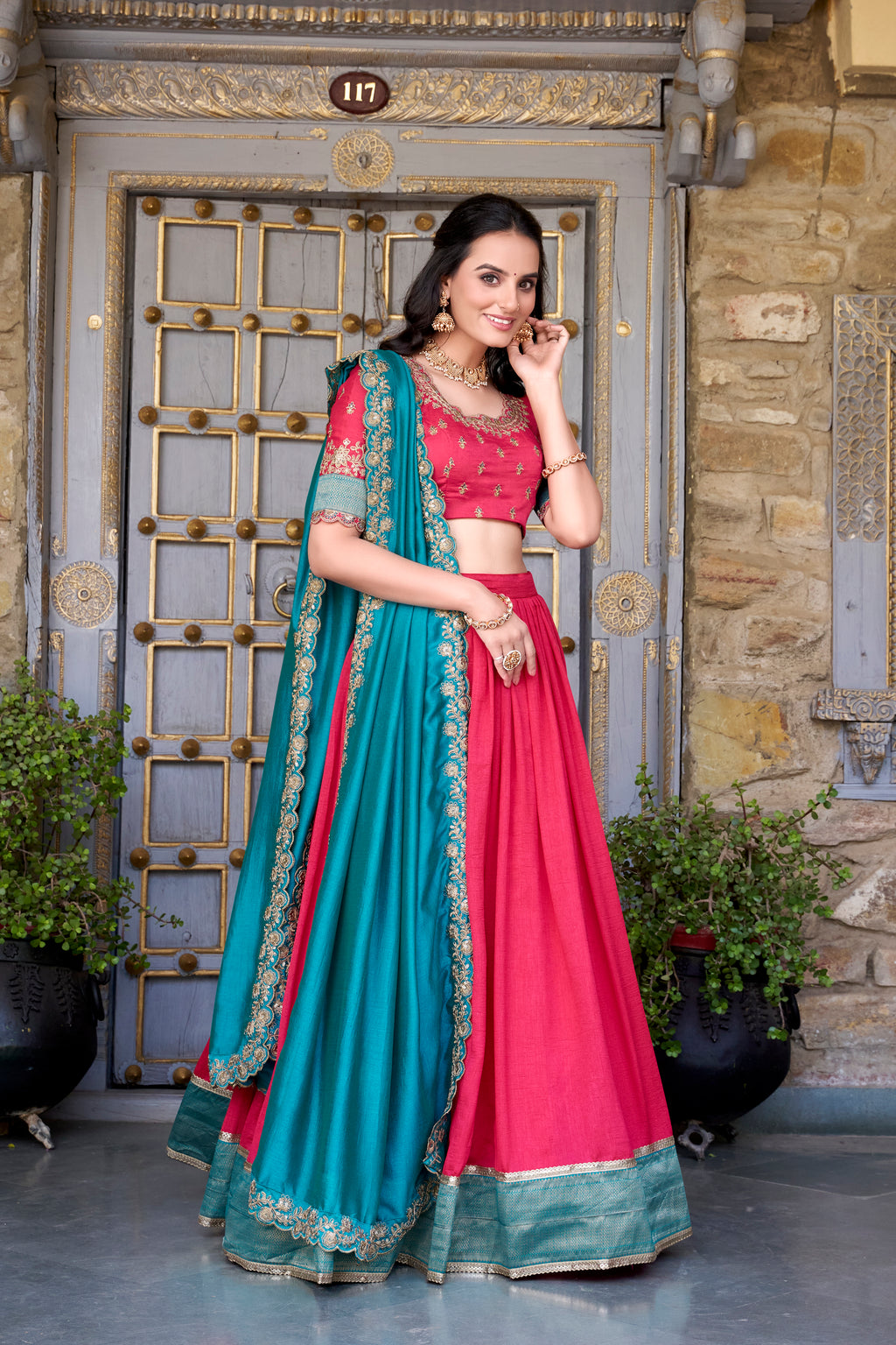 Pure Vichitra Silk Lehenga with Dupatta and Zari Weaving Work Lace Border Belt