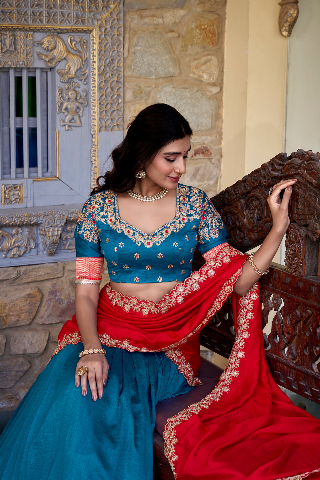 Pure Vichitra Silk Lehenga with Dupatta and Zari Weaving Work Lace Border Belt