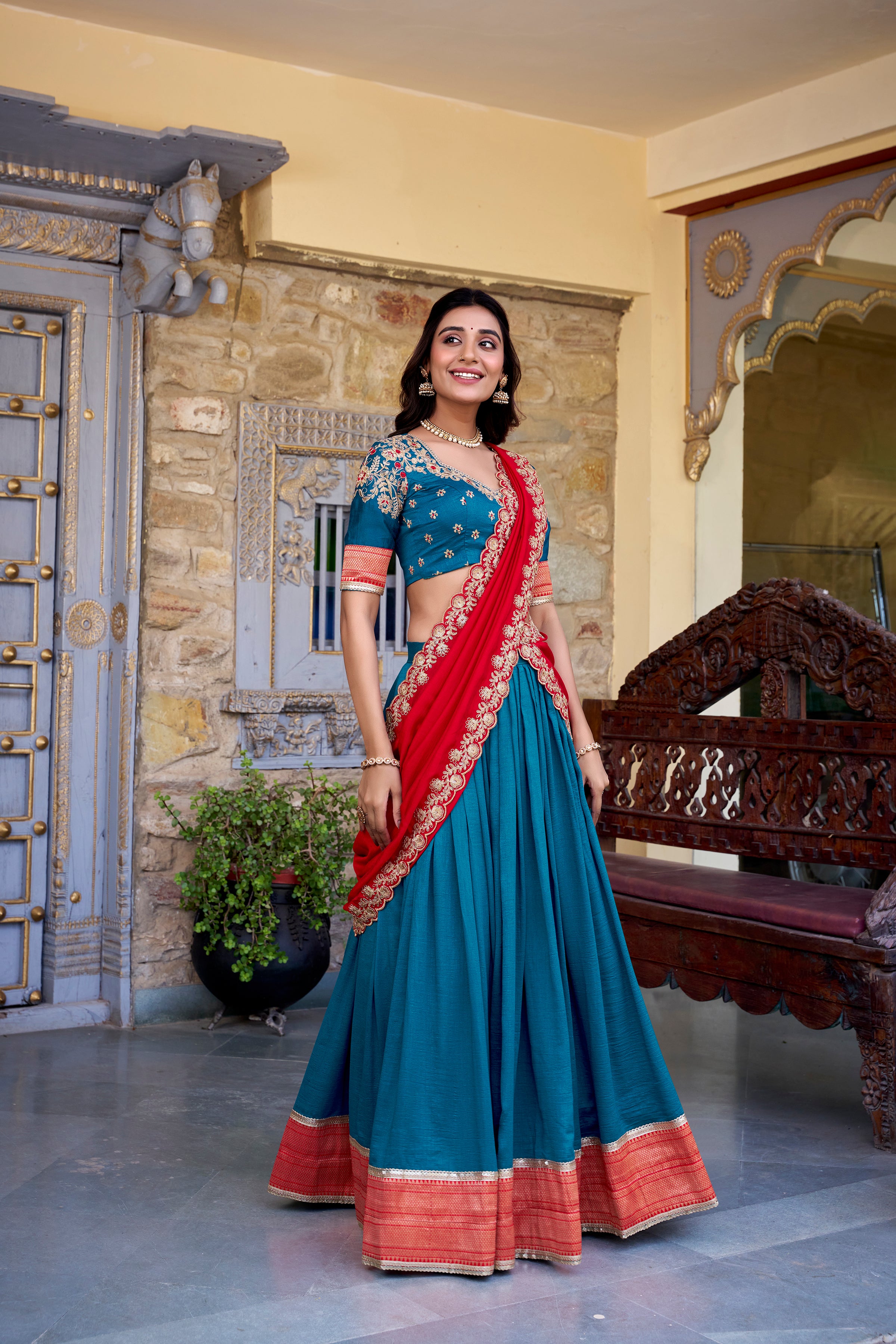 Pure Vichitra Silk Lehenga with Dupatta and Zari Weaving Work Lace Border Belt