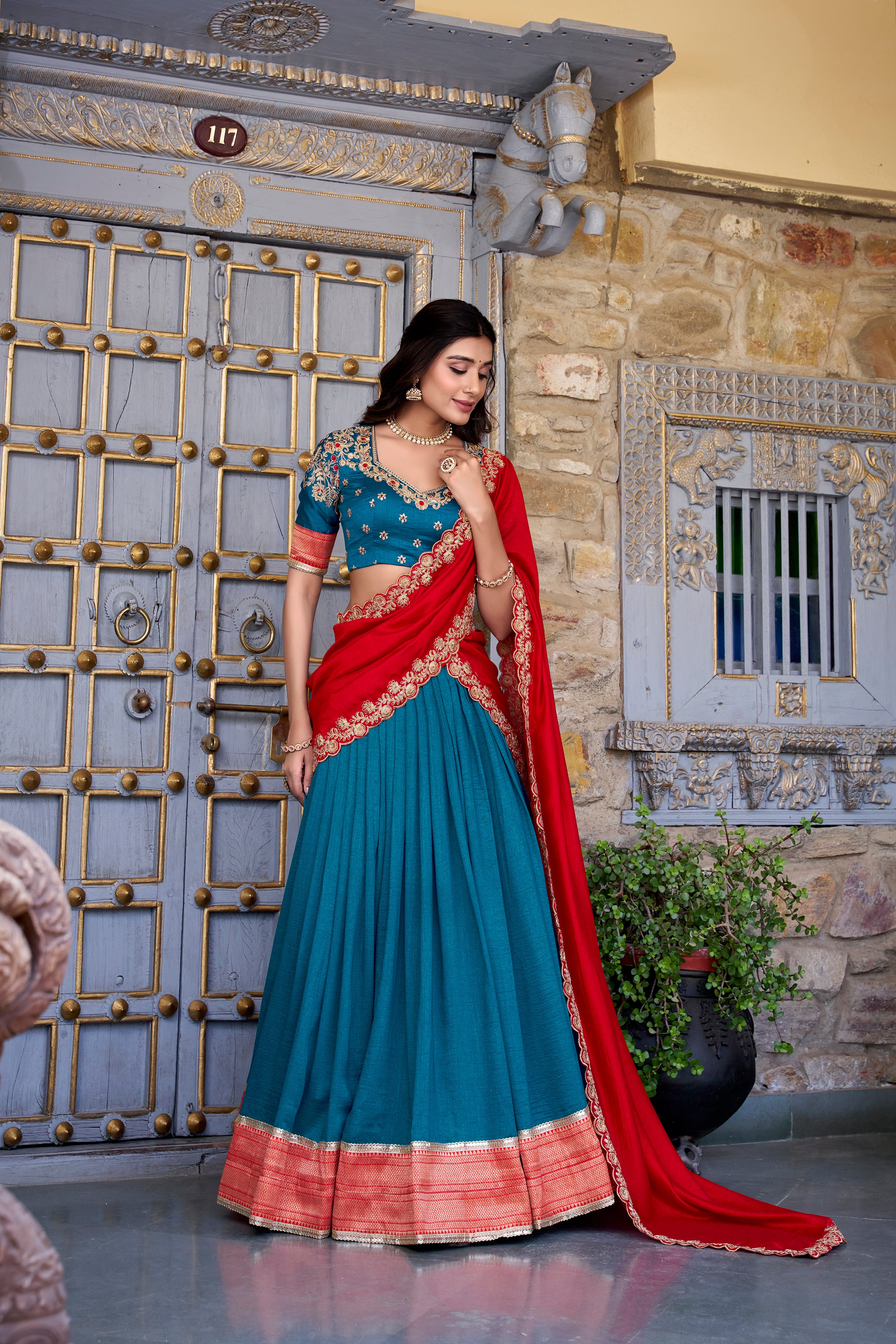 Pure Vichitra Silk Lehenga with Dupatta and Zari Weaving Work Lace Border Belt