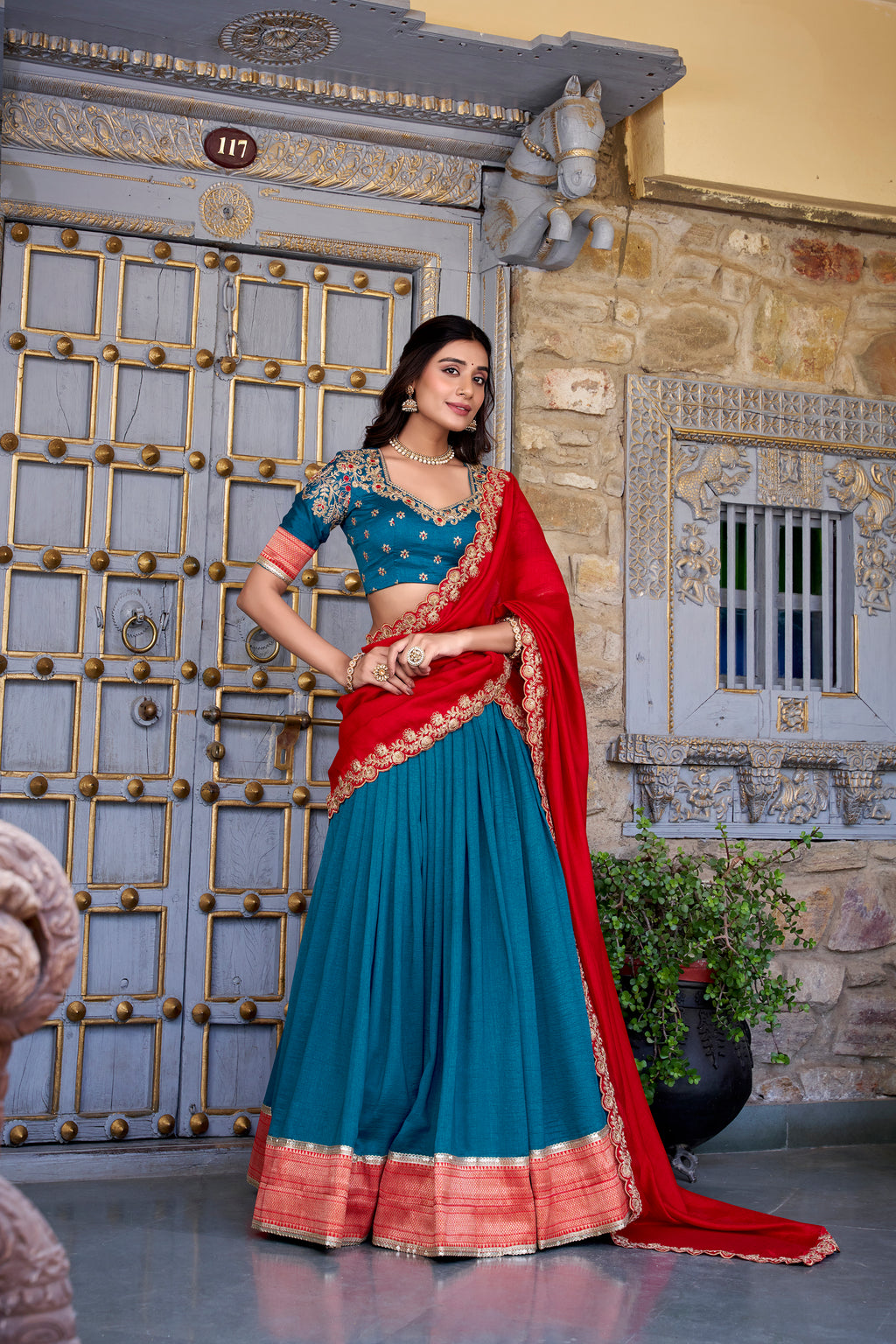 Pure Vichitra Silk Lehenga with Dupatta and Zari Weaving Work Lace Border Belt